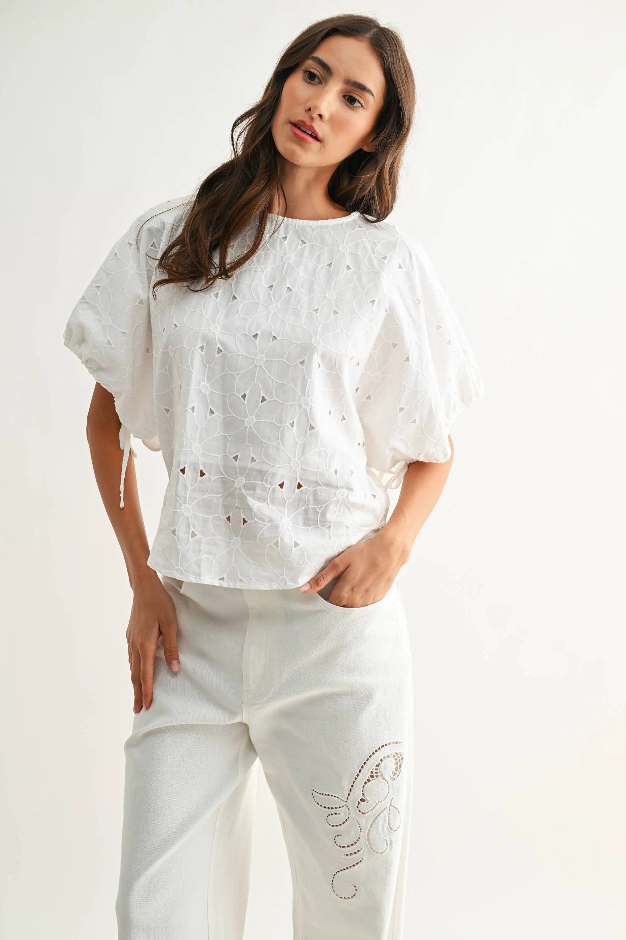 Camellia The Heirloom Stitch Floral Eyelet Cotton Top – Off White - Blouses