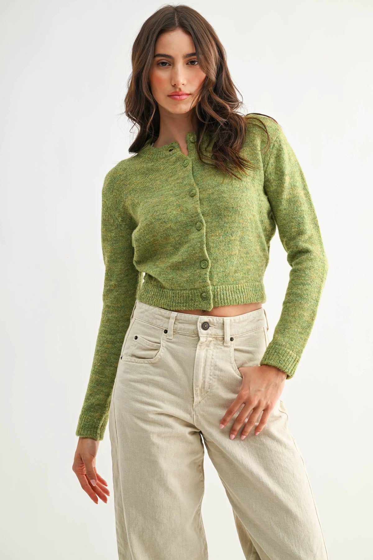 Camellia Camellia - CMW26544 ELEGANTLY CRAFTED KNIT WOOL CARDIGAN - : OLIVE / S-M-L (3-2-1) -