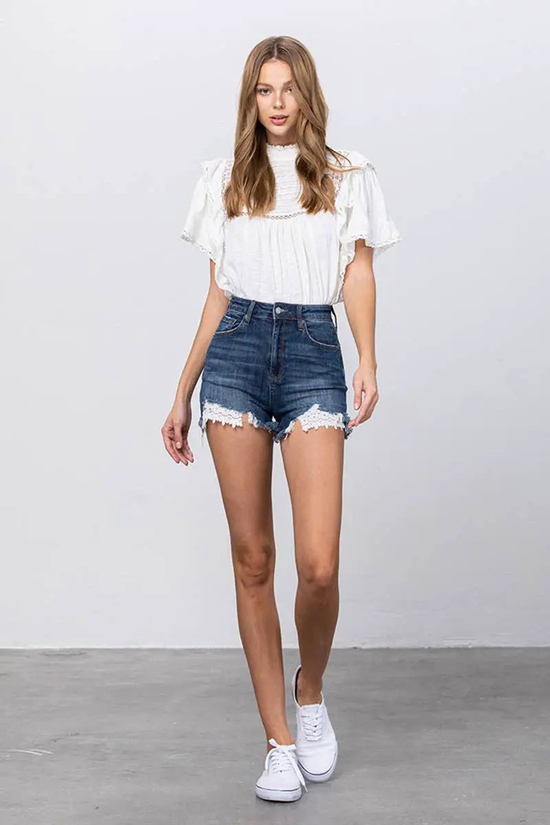 Insane Gene USA The Frayed Hem Lace Trim Snatched Shorts - Denim Shorts shorts