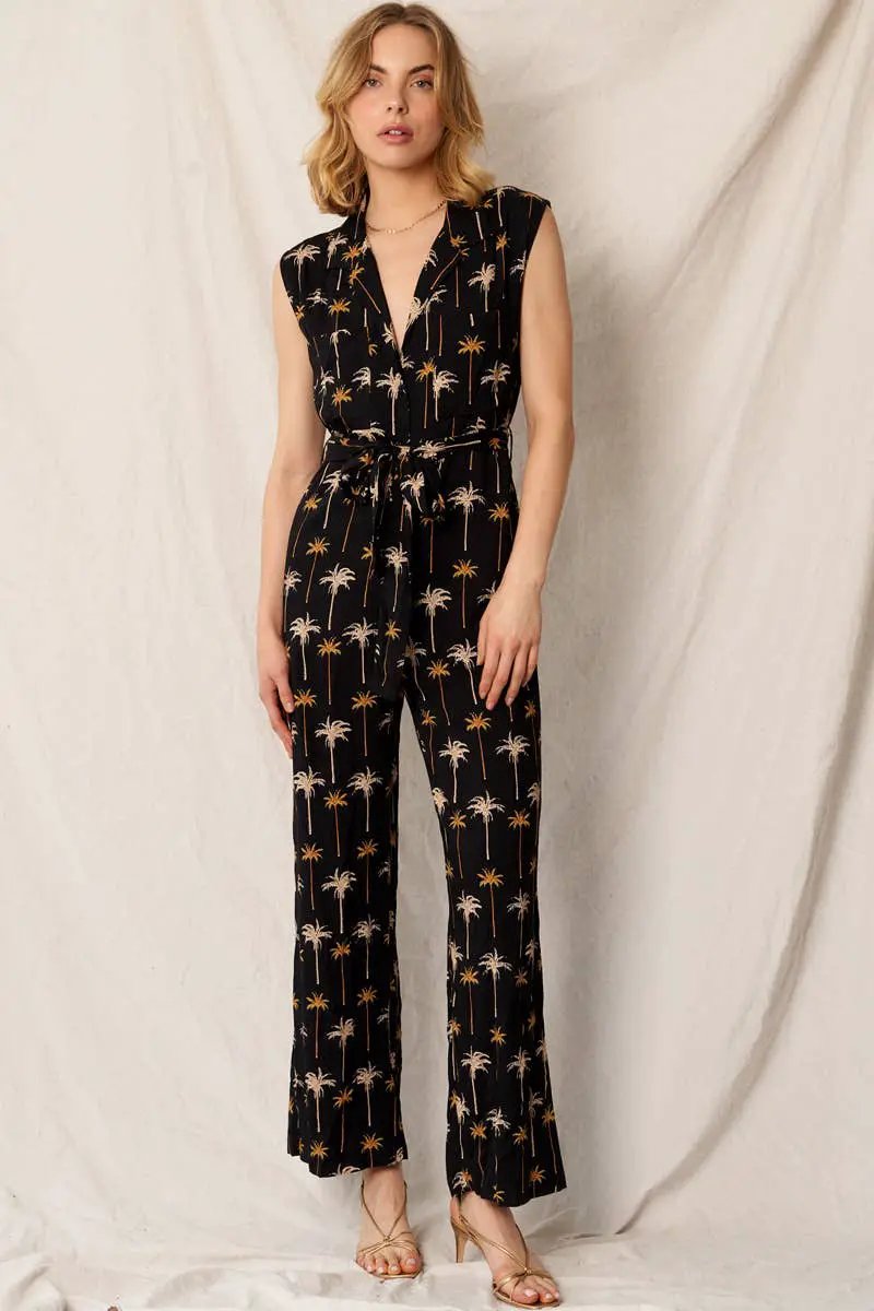 En Crème En Crème Palm Tree Print Cap Sleeve Belted Black Jumpsuit - Dresses