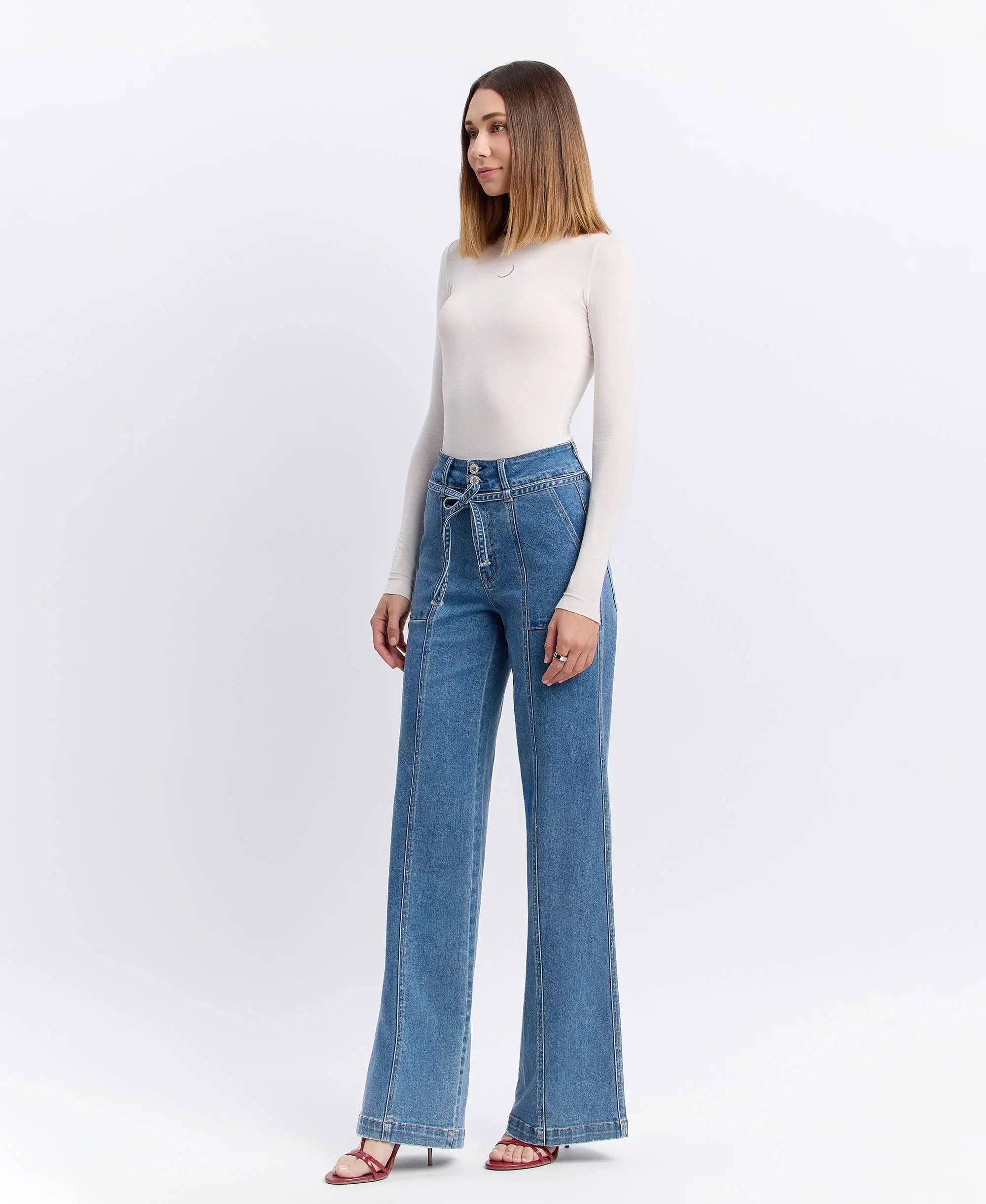 VERVET by FLYING MONKEY VERVET ‘Olivia’ Super High Rise Tie Waistband Wide Leg Jeans - Jeans