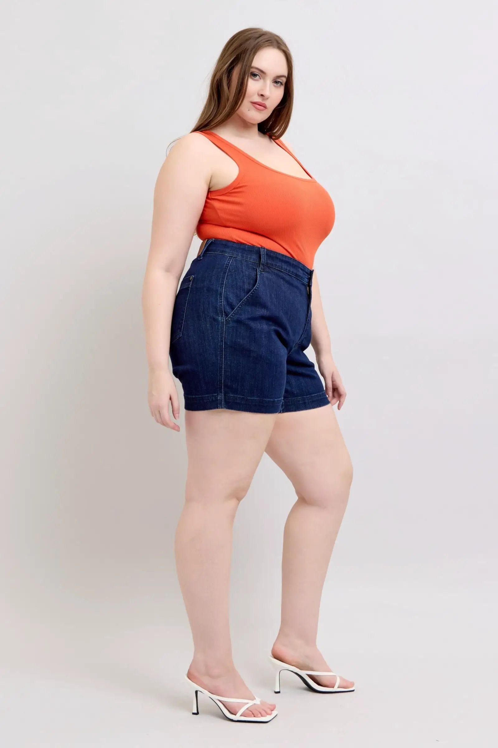 Judy Blue The High Waist Tummy Control Dark Denim Trouser Shorts: CURVY - Shorts