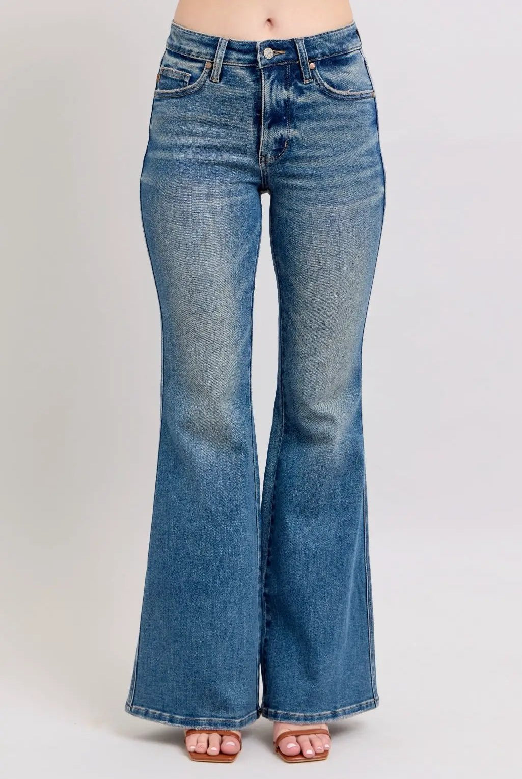 Judy Blue Judy Blue Mid Rise Flare Leg Tummy Control Denim Blue Jeans - Jeans Judy Blue Mid Rise Flare Leg Tummy Control Denim Blue Jeans