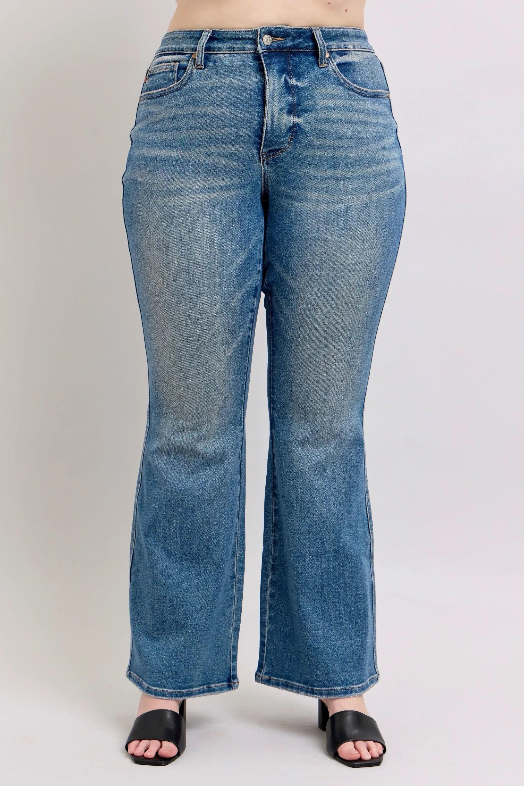Judy Blue Judy Blue Mid Rise Flare Leg Tummy Control Denim Blue Jeans: CURVY - Jeans Midrise tummy control bootcut plus