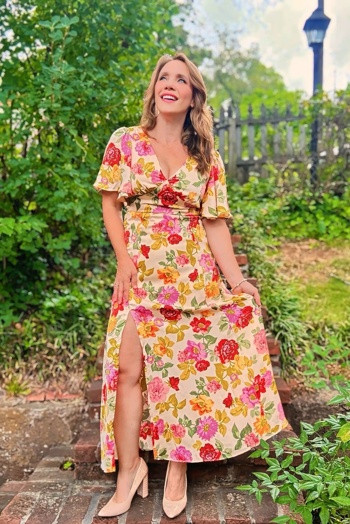 Grateful Threads Boutique Garden Party Escape Maxi Dress - Dresses vintage floral v neck short sleeve tie back long slit dress