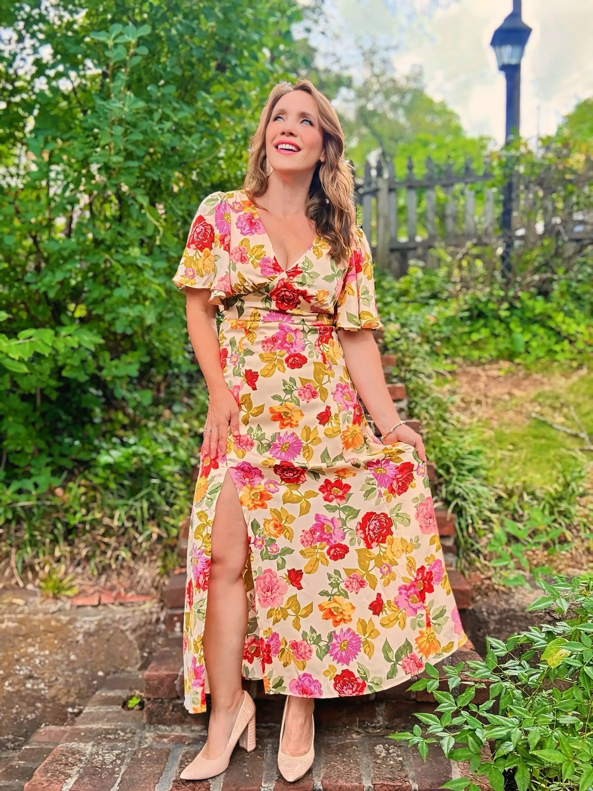 Grateful Threads Boutique Garden Party Escape Maxi Dress - Dresses vintage floral v neck short sleeve tie back long slit dress