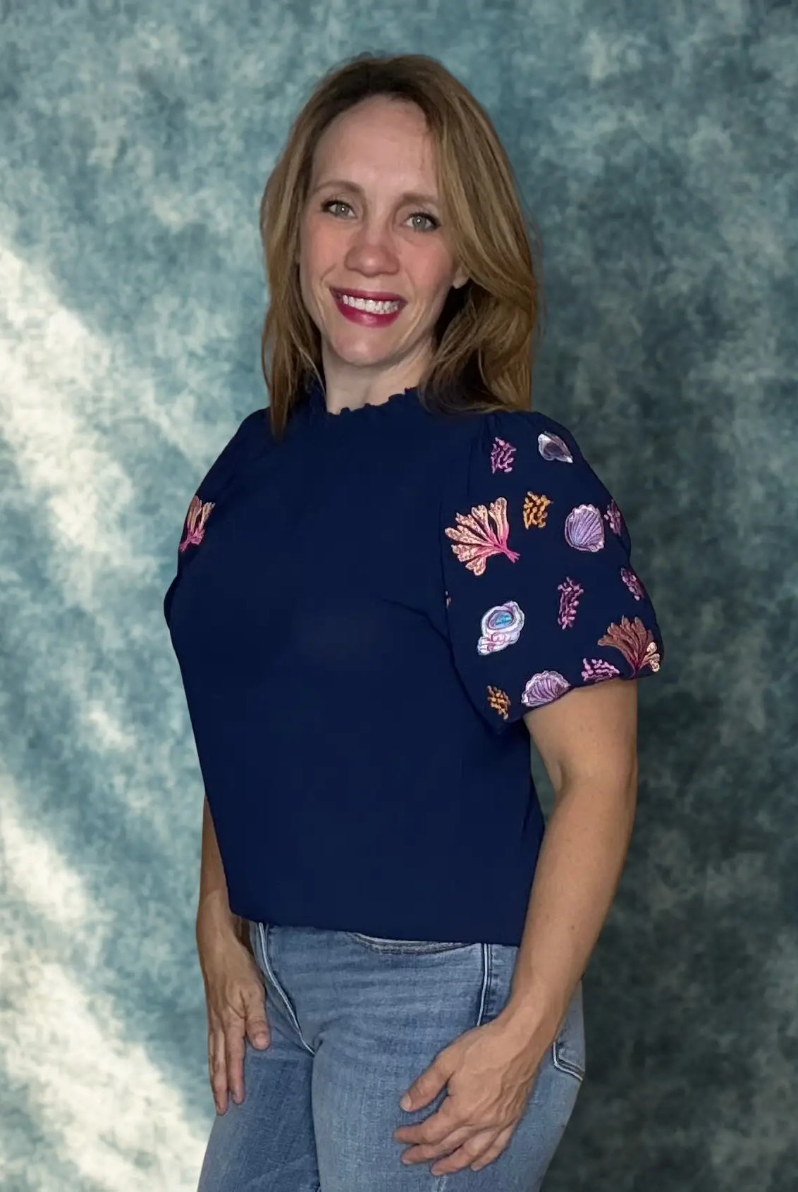 Grateful Threads Boutique Nautical Embroidery Puff Sleeve Frilled Neck Blouse - Blouses Embroidered puff sleeve