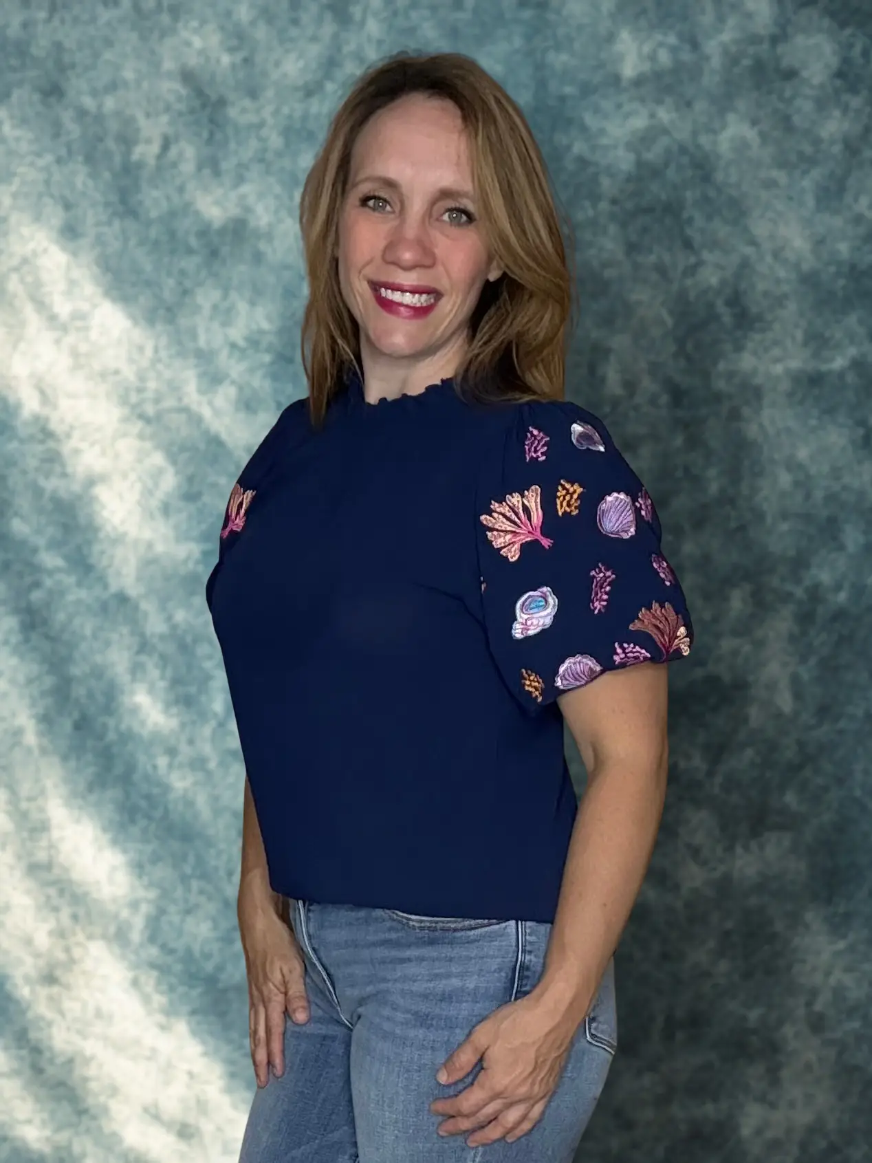 Grateful Threads Boutique Nautical Embroidery Puff Sleeve Frilled Neck Blouse - Blouses Embroidered puff sleeve