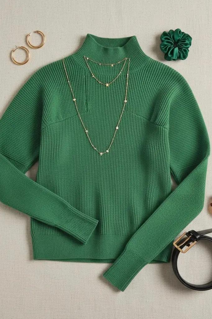 &MERCI &merci - Kelly Green Ribbed Mock Neck Sweater - Sweaters
