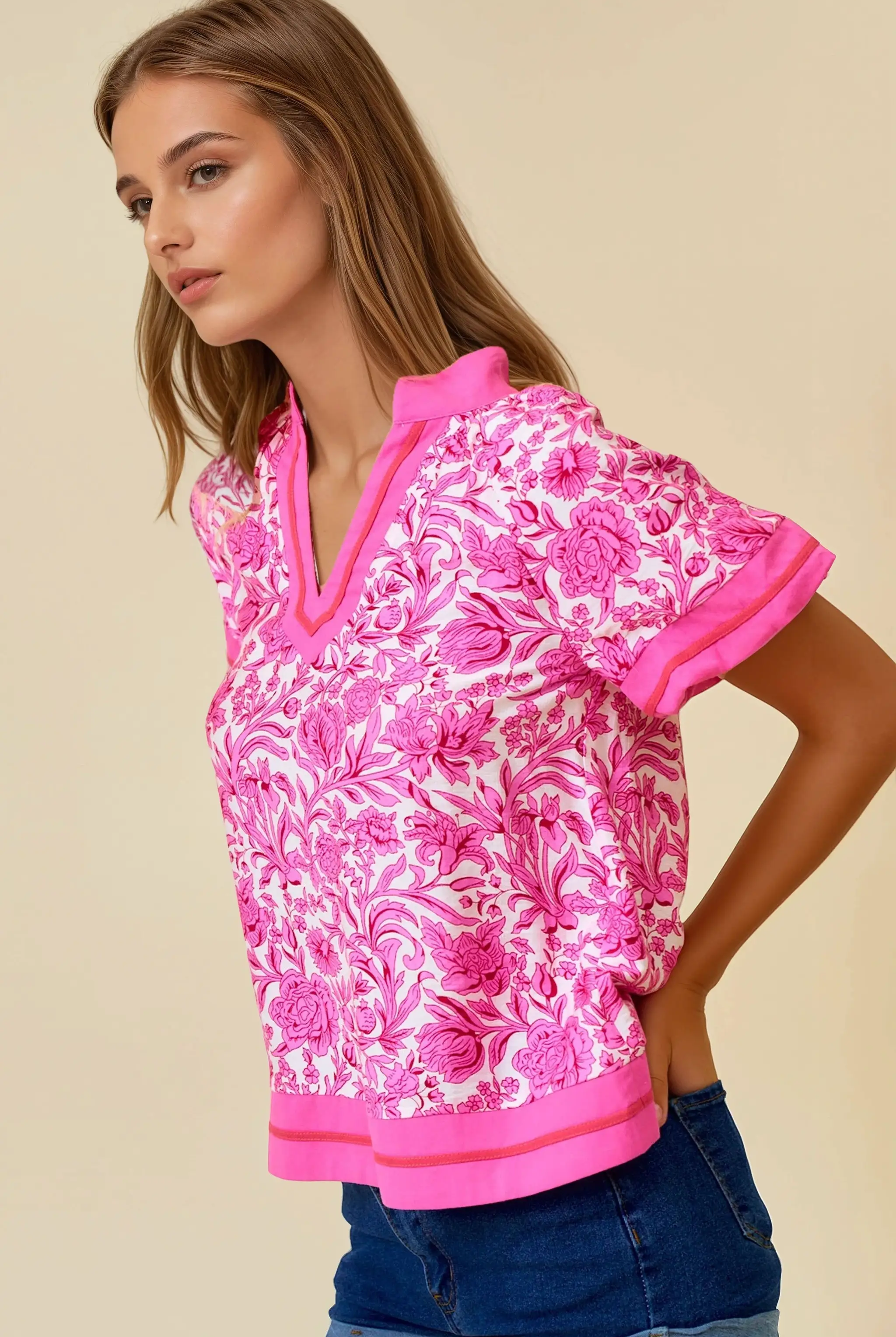 Doe and Rae The Petal Parade Contrast Floral Top - Blouses