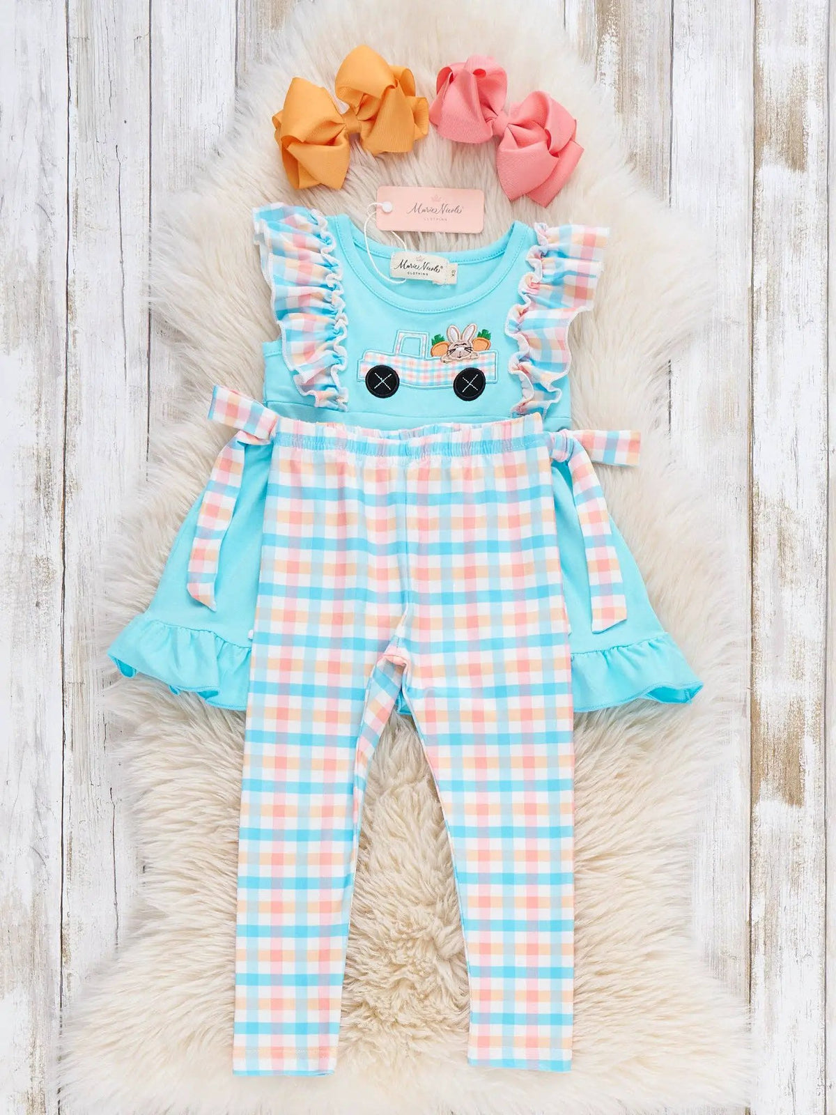 Marie Nicole Clothing Bunny Carrot Delivery Embroidered Ruffle Girl’s Set - Baby & Toddler Outfits