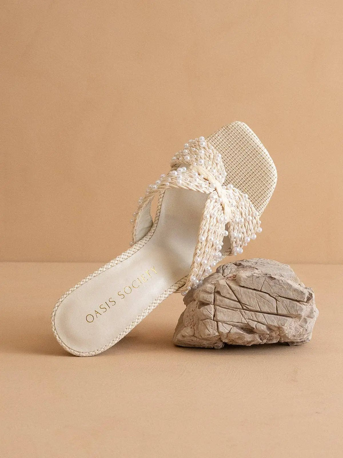 OASIS SOCIETY The Tiara | White Pearl Embroidered Raffia Block Heel - Heels