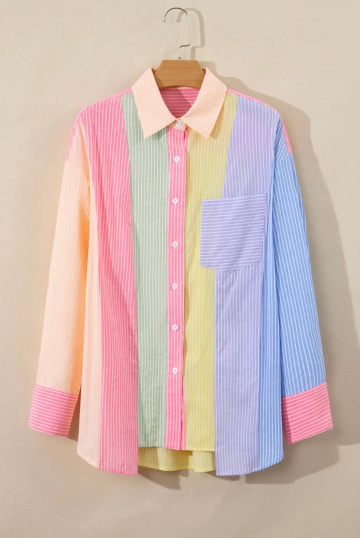 Grateful Threads Boutique Pink Stripe Color Block Chest Pocket Oversized Shirt - Shirts Pink Stripe Color Block Chest Pocket Oversized Shirt