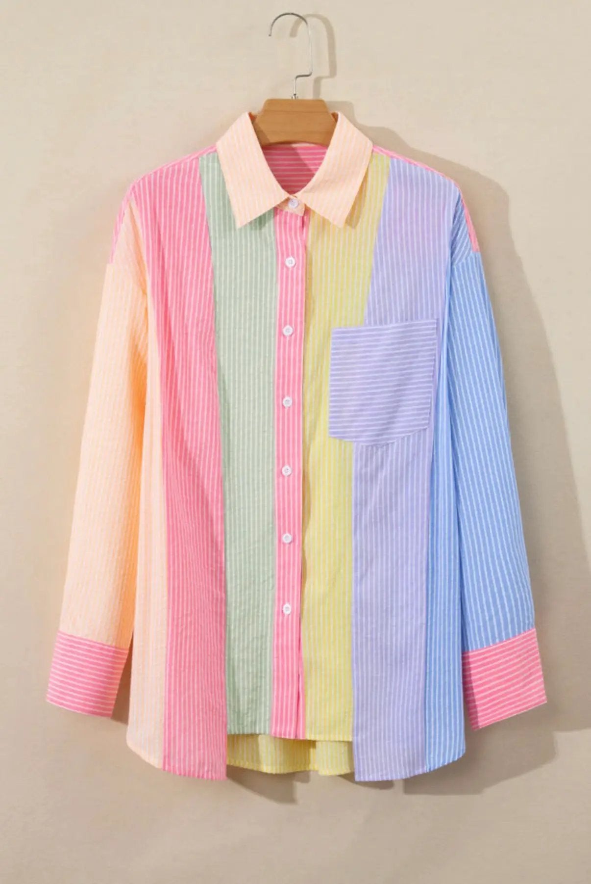 Grateful Threads Boutique Pink Stripe Color Block Chest Pocket Oversized Shirt - Shirts Pink Stripe Color Block Chest Pocket Oversized Shirt