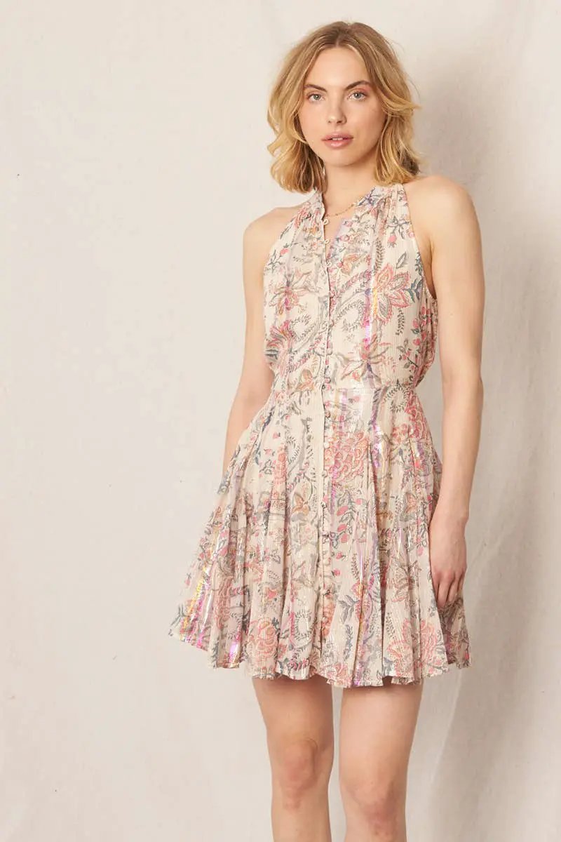 En Crème En Crème Ivory Pink Metallic & Blue Sleeveless Pleated Dress with Button Detail - Dresses sleeveless pleated dress