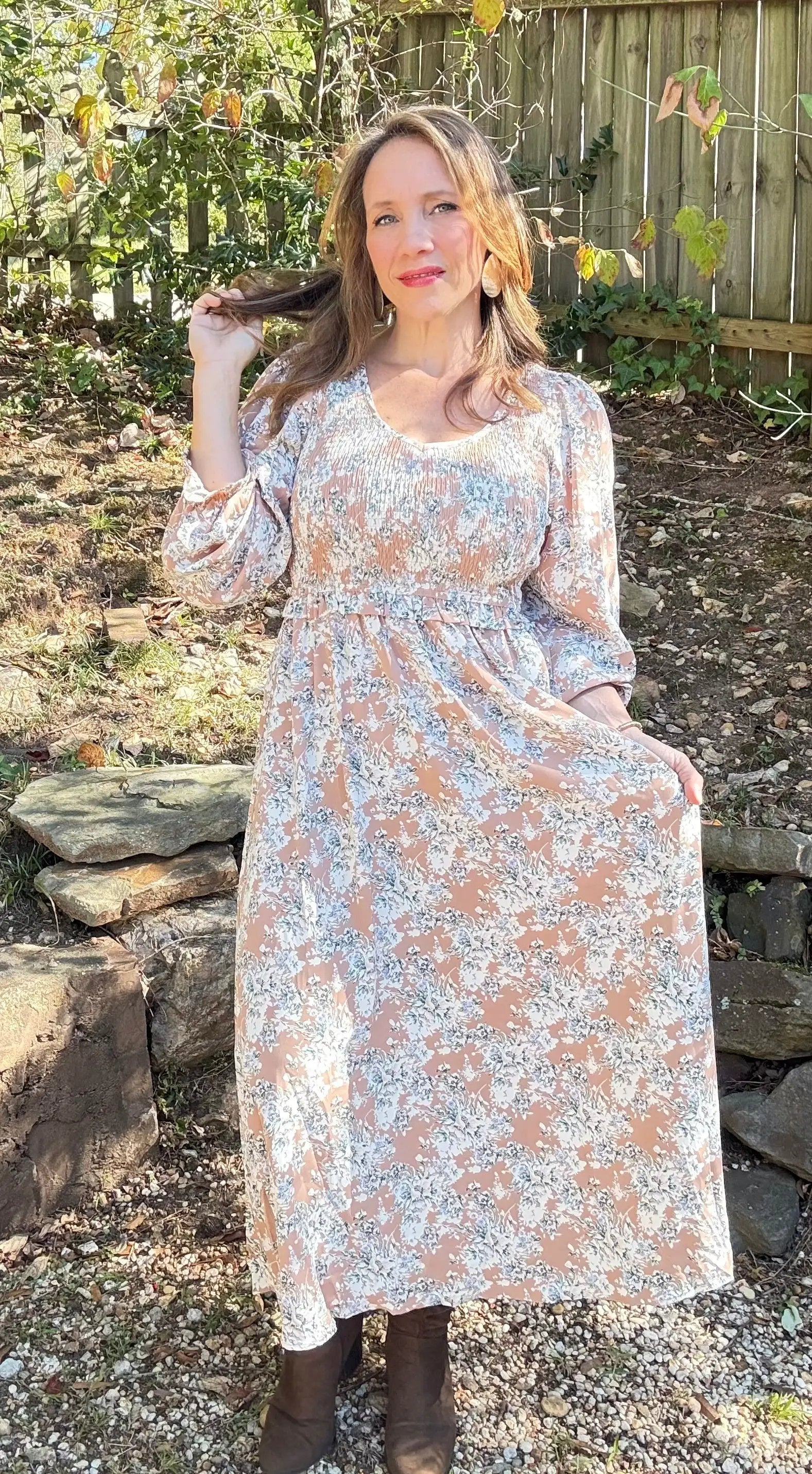 Grateful Threads Boutique Khaki Maple Grove Floral Smocked Puff Sleeve Long Dress - Dresses Khaki Maple Grove Floral Smocked Puff Sleeve Long Dress