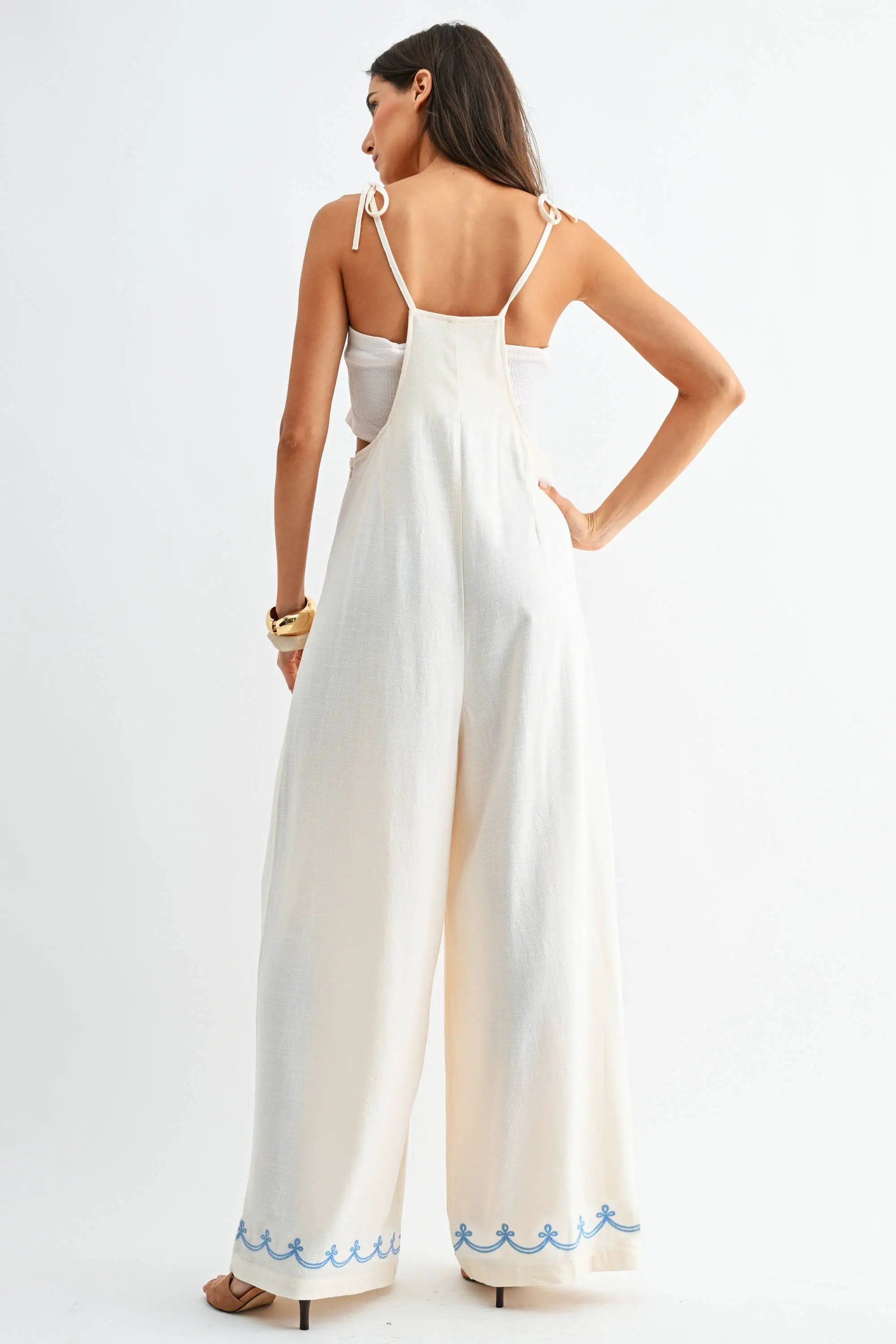 Camellia The Embroidered Wide-Leg Jumpsuit: CREAM - One-Pieces