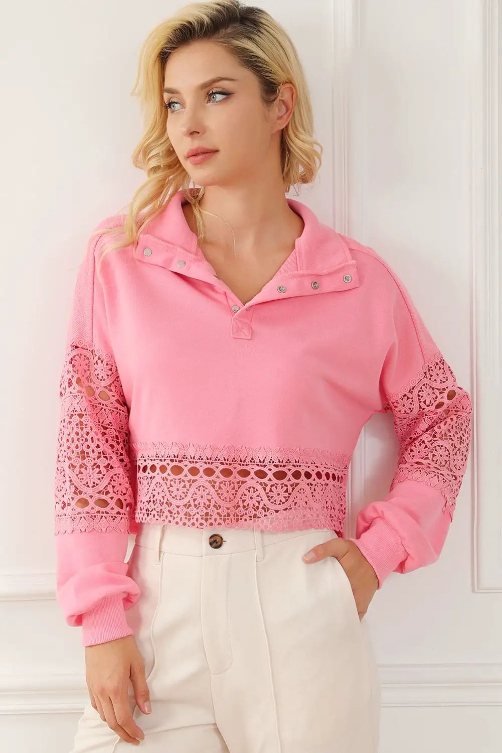 Grateful Threads Boutique Pink Hollowed Lace Splicing Cropped Sweatshirt - Sweatshirts Pink Hollowed Lace Splicing Cropped Sweatshirt