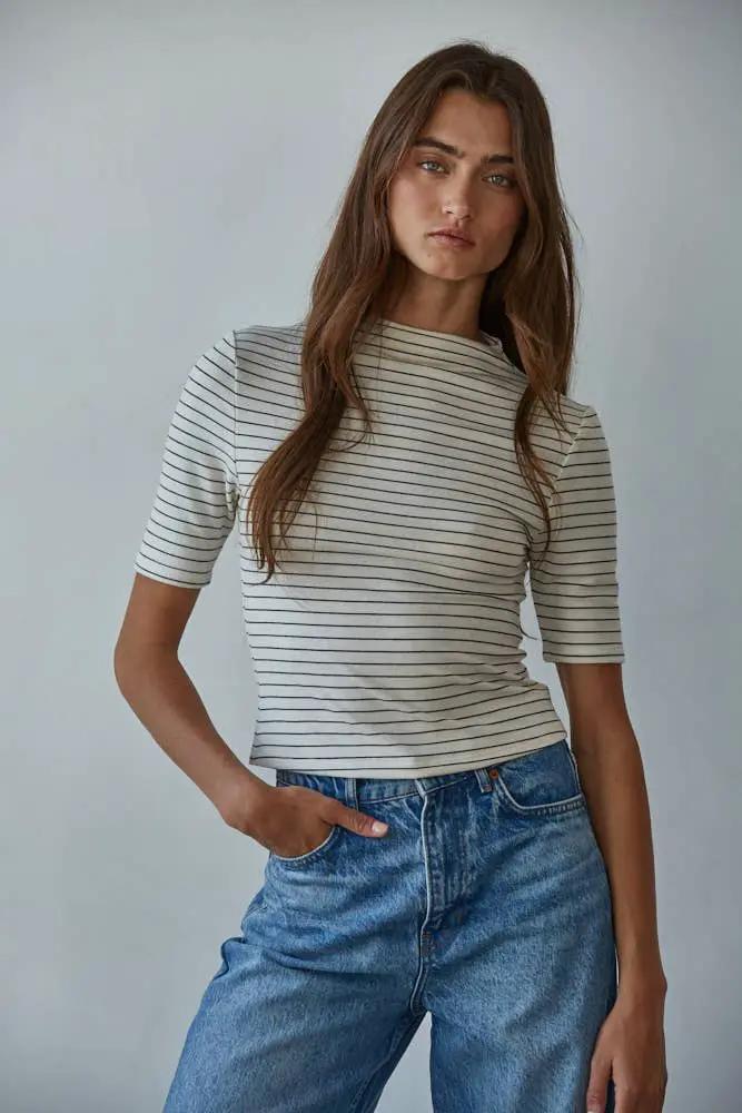 By Together Knit Mock Neck Short Sleeve Top in Cream with Black Stripe - Blouses
