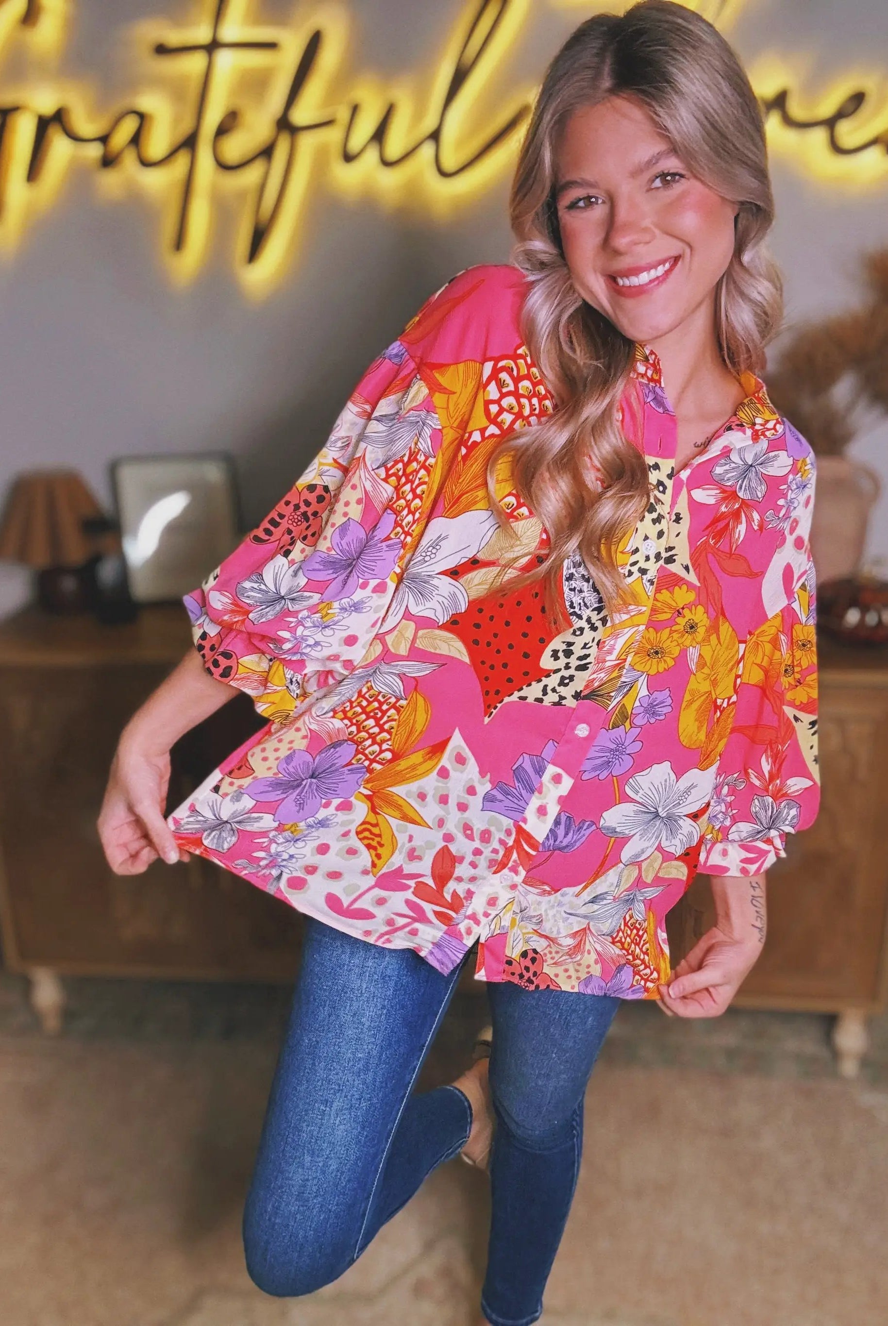 Grateful Threads Boutique Red Abstract Floral Print Buttoned Ruffled Bubble Sleeve Shirt - Shirts Red Abstract Floral Print Buttoned Ruffled Bubble Sleeve Shirt