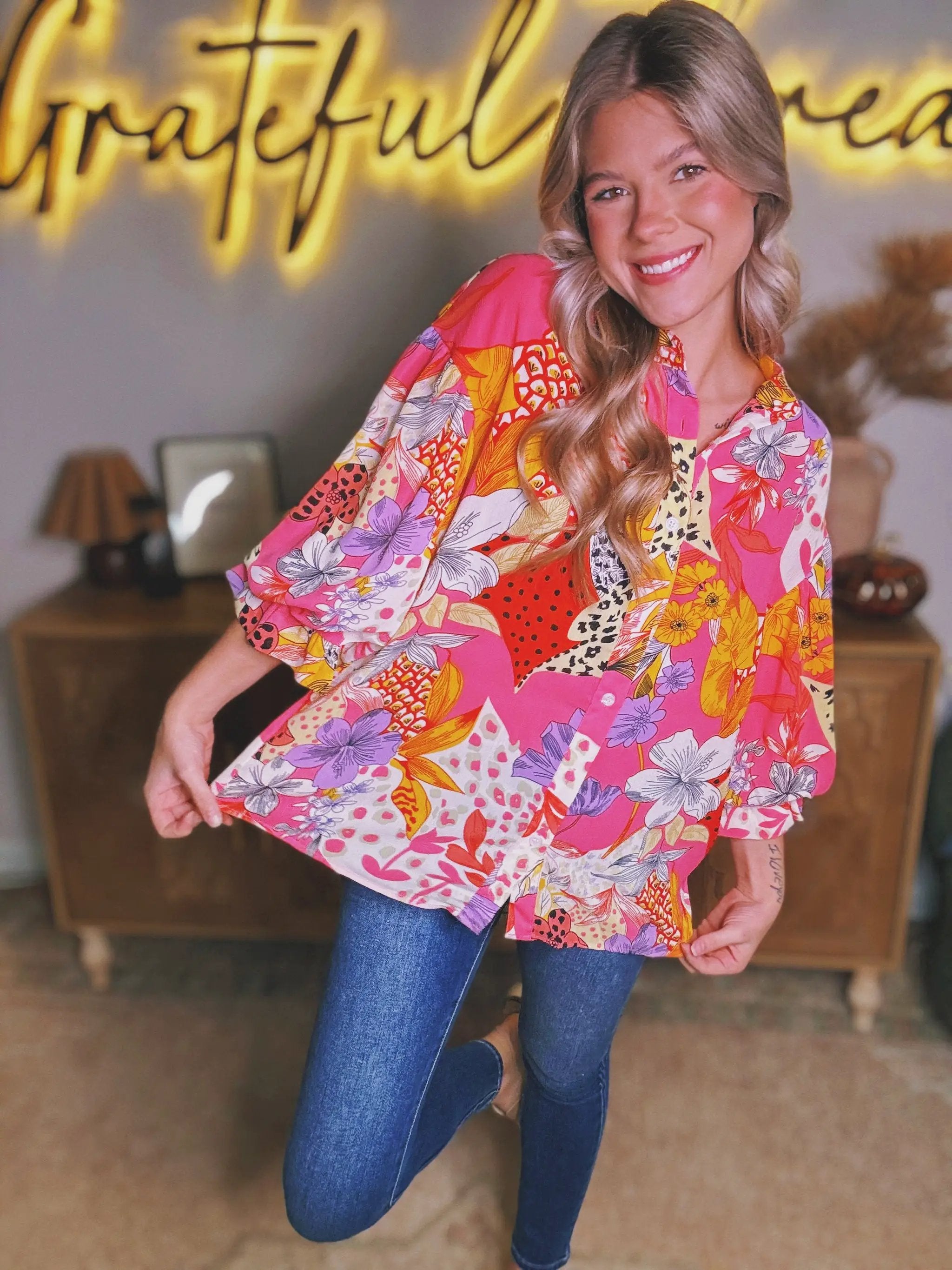 Grateful Threads Boutique Red Abstract Floral Print Buttoned Ruffled Bubble Sleeve Shirt - Shirts Red Abstract Floral Print Buttoned Ruffled Bubble Sleeve Shirt