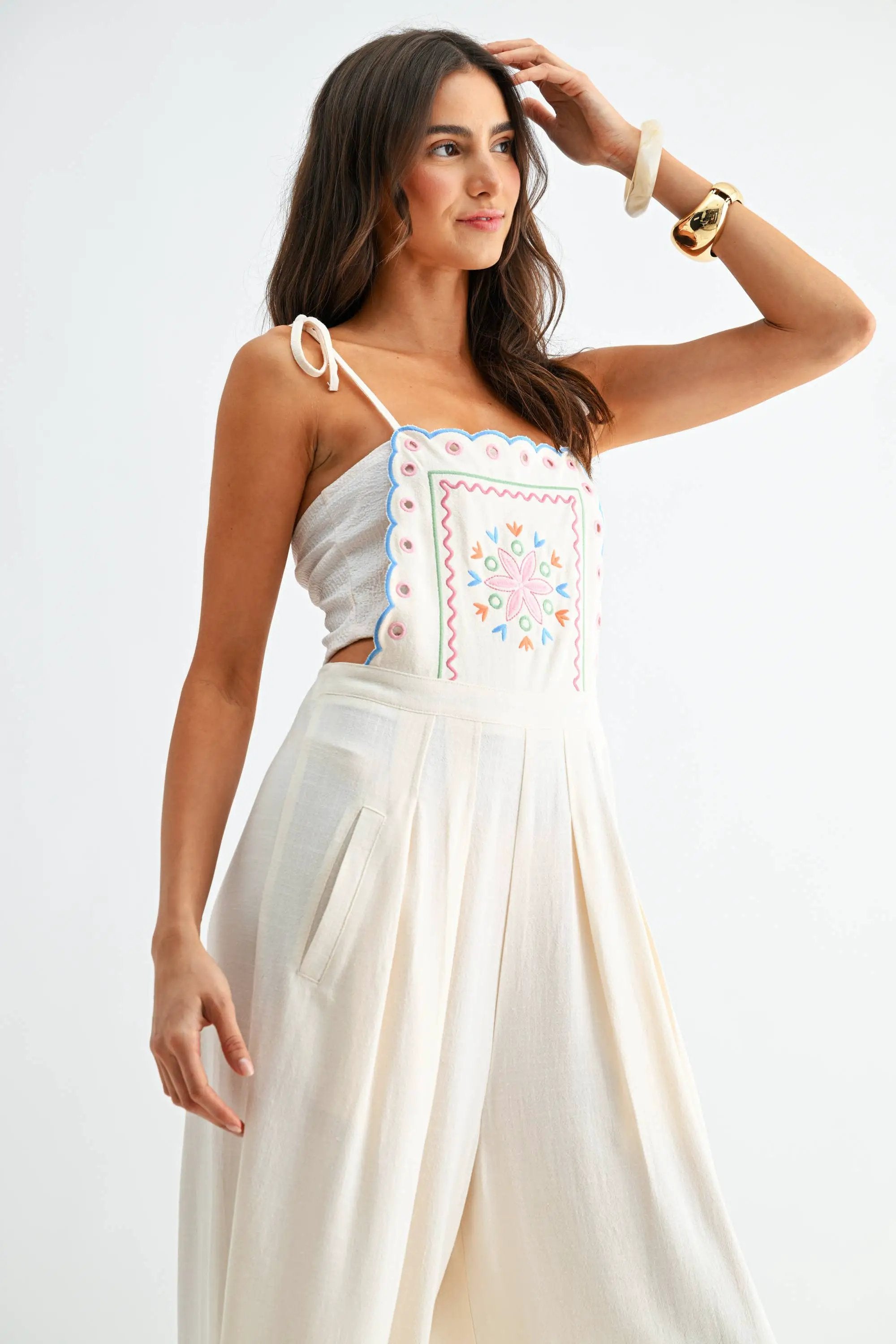 Camellia The Embroidered Wide-Leg Jumpsuit: CREAM - One-Pieces