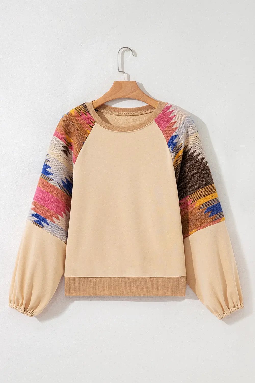 Grateful Threads Boutique Light French Beige Aztec Patchwork Raglan Pullover Sweatshirt - Sweatshirts Light French Beige Aztec Patchwork Raglan Pullover Sweatshirt