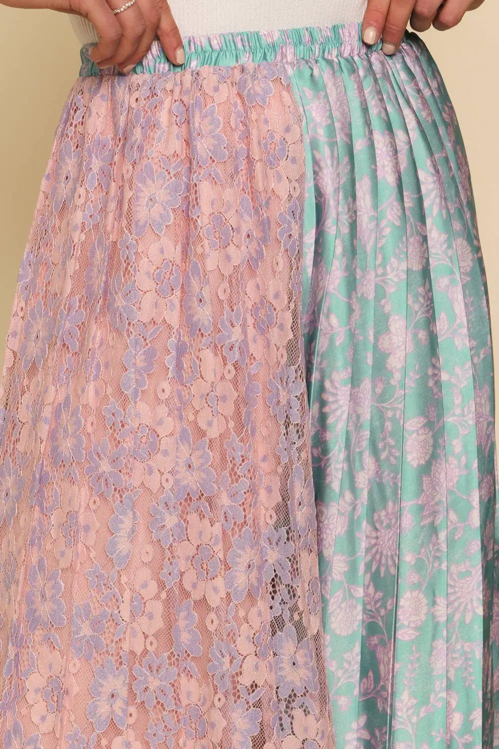 Mystree Mystree Mixed Media Midi Skirt: Teal/Lavender - Skirts