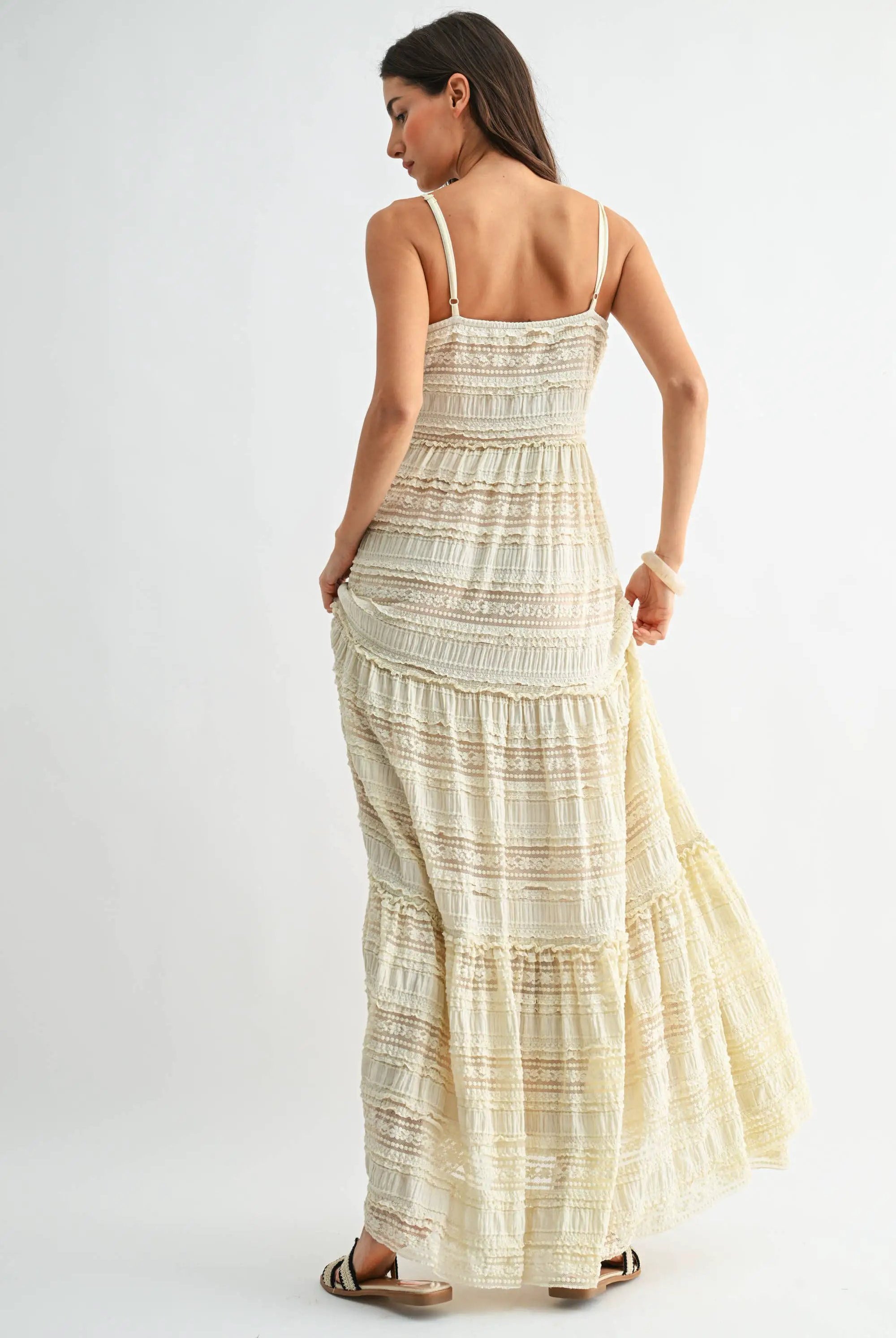 Camellia The Tiered Lace Maxi Dress with Spaghetti Straps: CREAM - Dresses