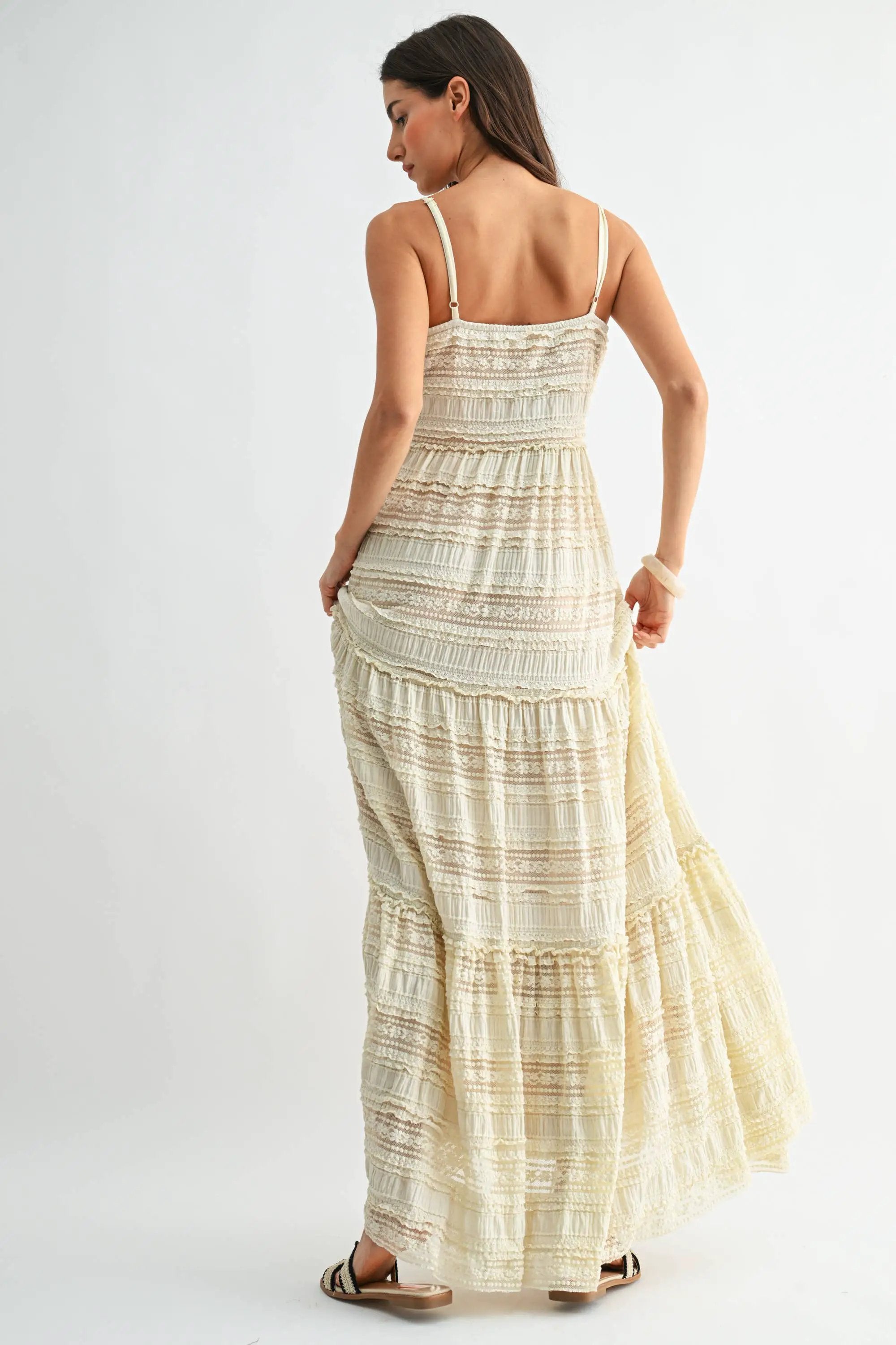 Camellia The Tiered Lace Maxi Dress with Spaghetti Straps: CREAM - Dresses