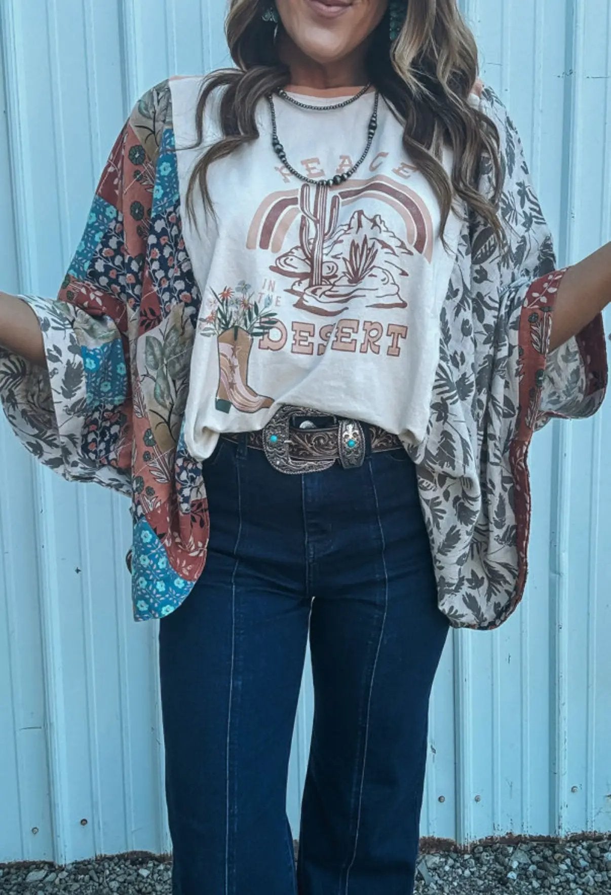 Grateful Threads Boutique Multicolor Asymmetric Printed Patchwork Sleeve Peace Desert Graphic Top - T-Shirts Multicolour Asymmetric Printed Patchwork Sleeve Peace Desert Graphic Top