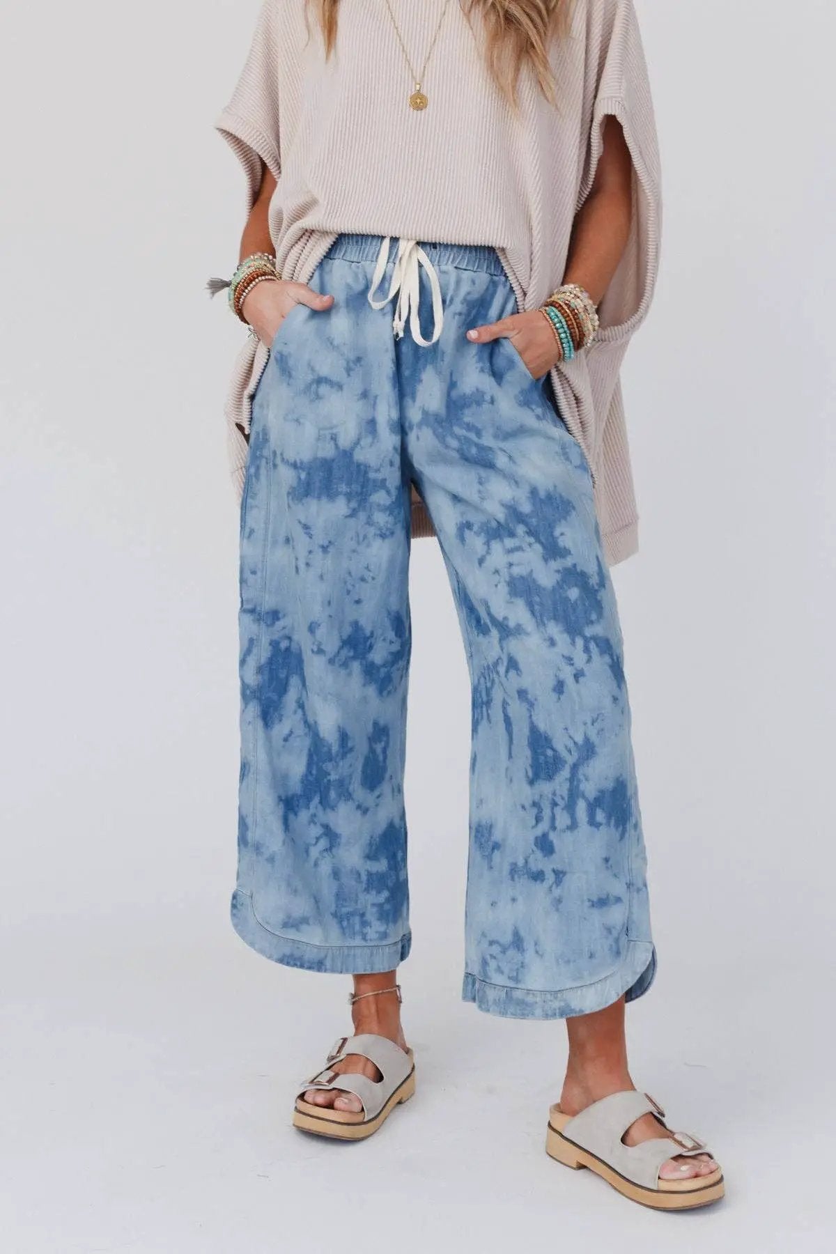 Three Bird Nest Three Bird Nest - So Comfy Wide Leg Cropped Pant - Bleach Dye Denim - Pants