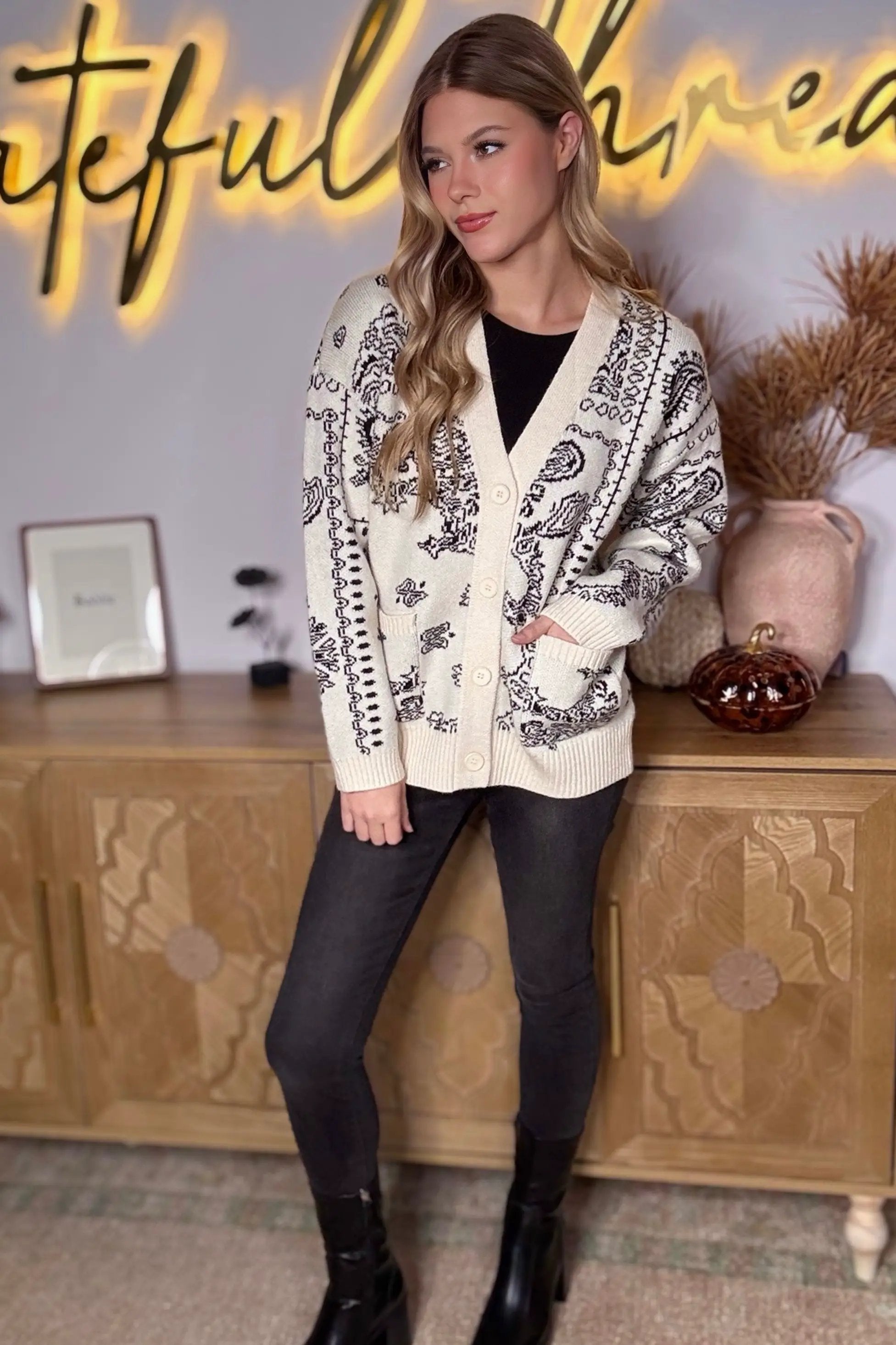 Grateful Threads Boutique Cream & Black Chunky Bandana Knit Oversized Cardigan - Cardigans