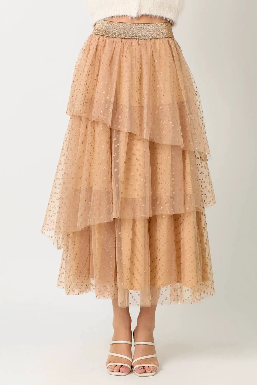 Mystree Mystree Peach/Gold Asymmetrical Tiered Ruffle Tulle Skirt - Skirts
