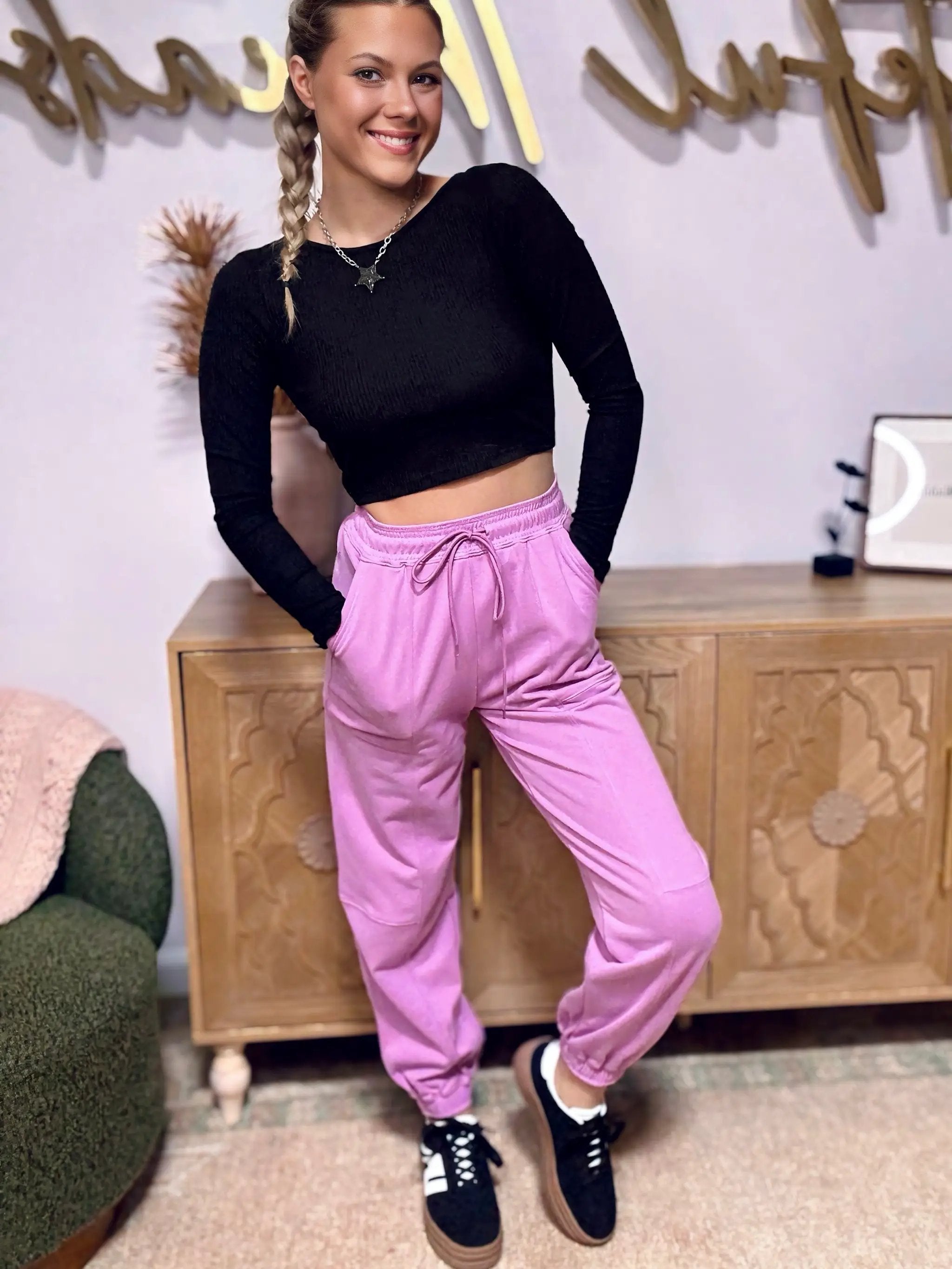 Grateful Threads Boutique Lilac Drawstring Waist Patchwork Solid Color Jogger Pants - Joggers