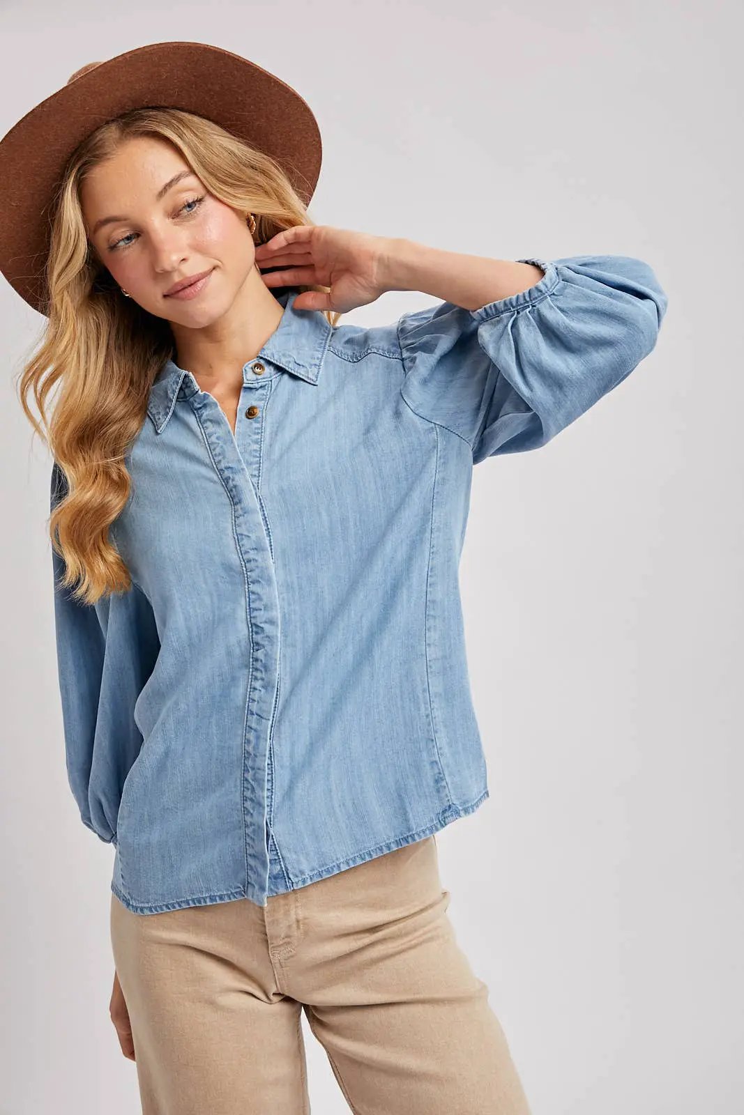 Bluivy The Chambray Ballon Sleeve Button-Up - Blouses