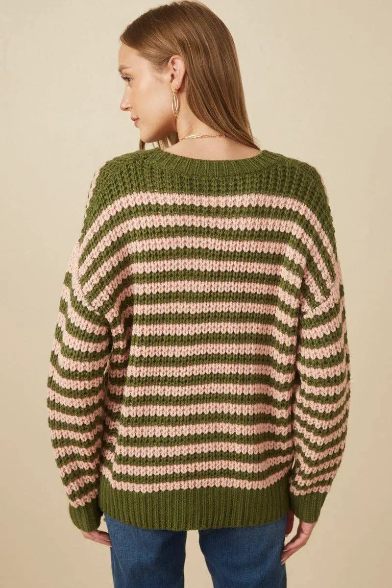 Hayden LA Hayden LA - Womens Striped Drop Shoulder Low Gauge Sweater: Olive & Pink Mix - Sweaters