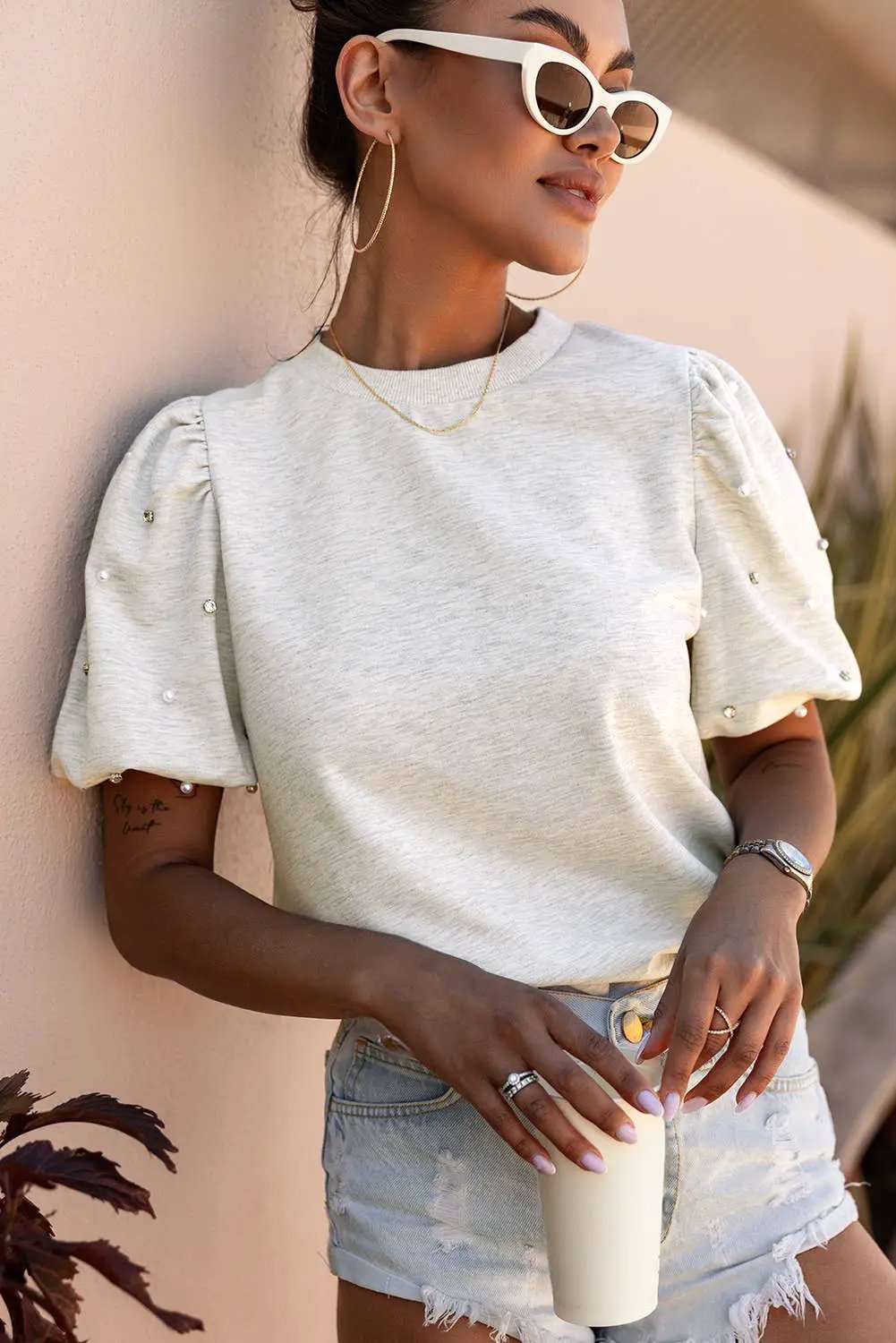 1 the Woman Rhinestone Pearl Puff Half Sleeve Top - Shirts Rhinestone Pearl Puff Half Sleeve Top
