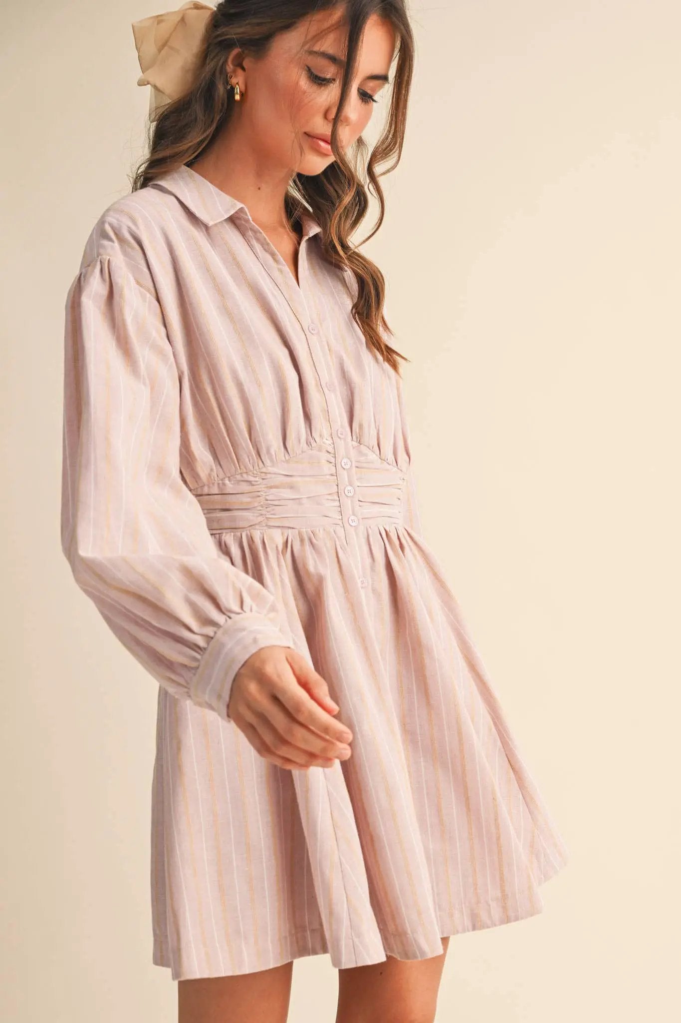 &MERCI Blushing Stripes Ruched Waist Mini Dress - Dresses
