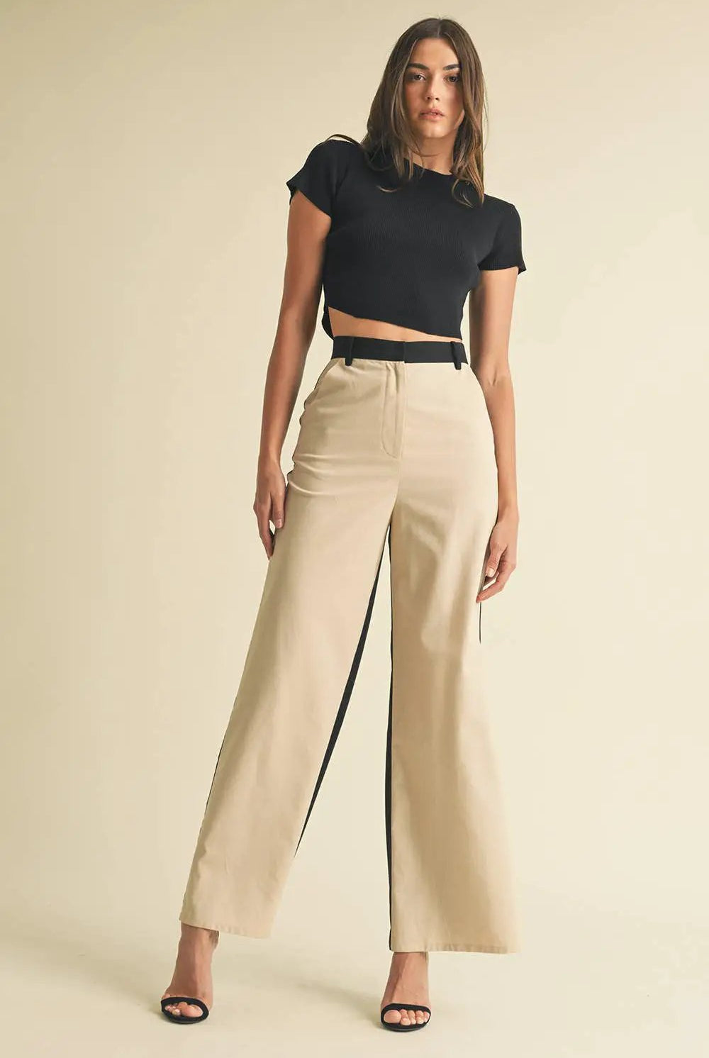 Endless Blu Endless Blu Black/Almond Color Block Linen Trouser Pants - Pants