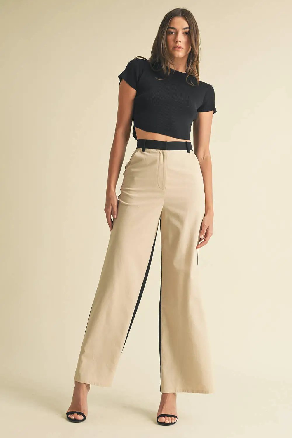Endless Blu Endless Blu Black/Almond Color Block Linen Trouser Pants - Pants
