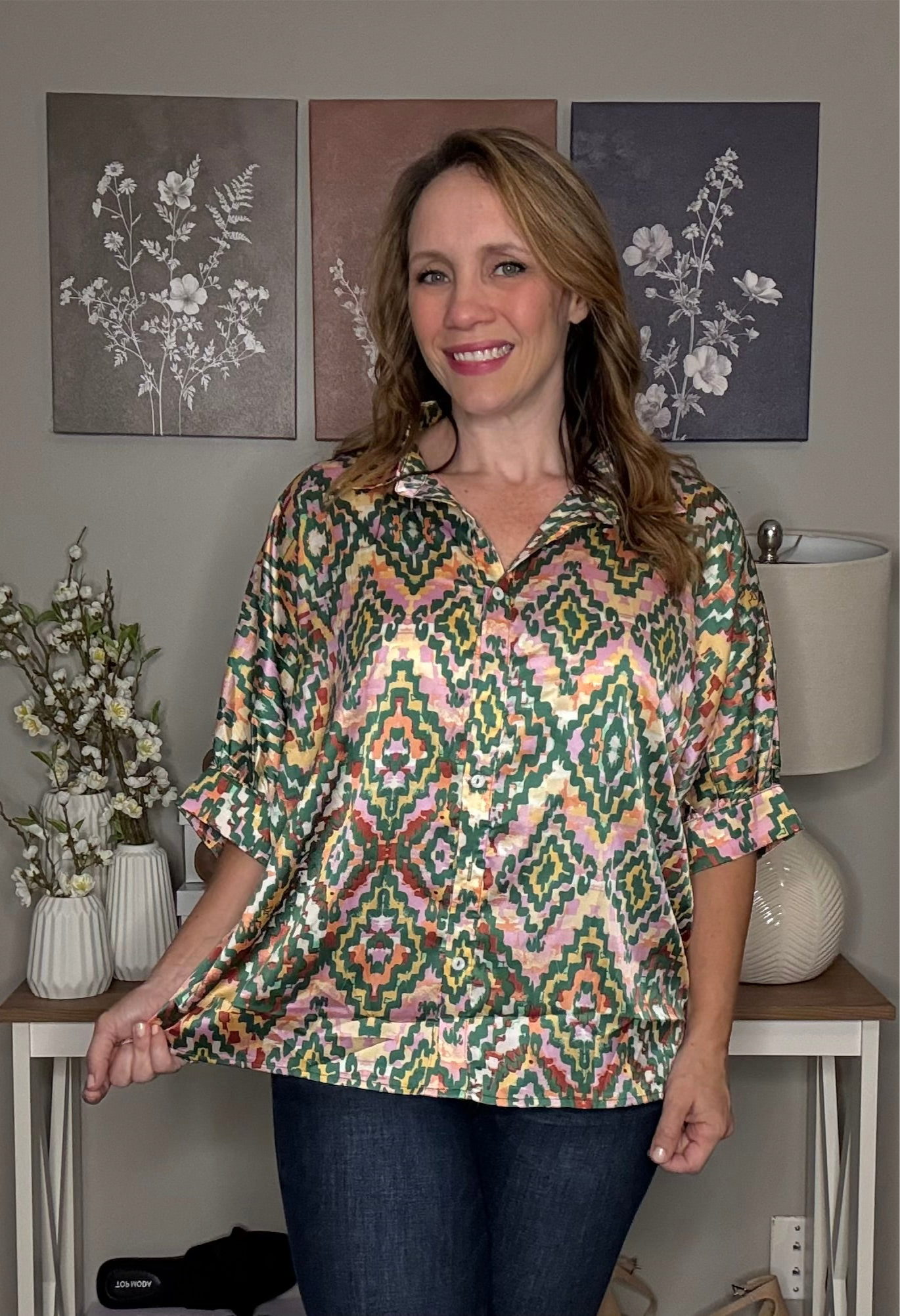 Grateful Threads Boutique Dark Green Abstract Print Half Sleeve Button up Loose Shirt - Shirts Dark Green Abstract Print Half Sleeve Button up Loose Shirt