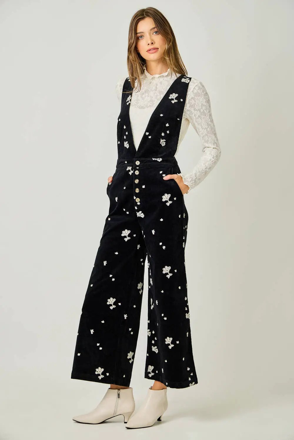 Mystree The Midnight Meadow Embroidered Corduroy Jumpsuit - One-Pieces
