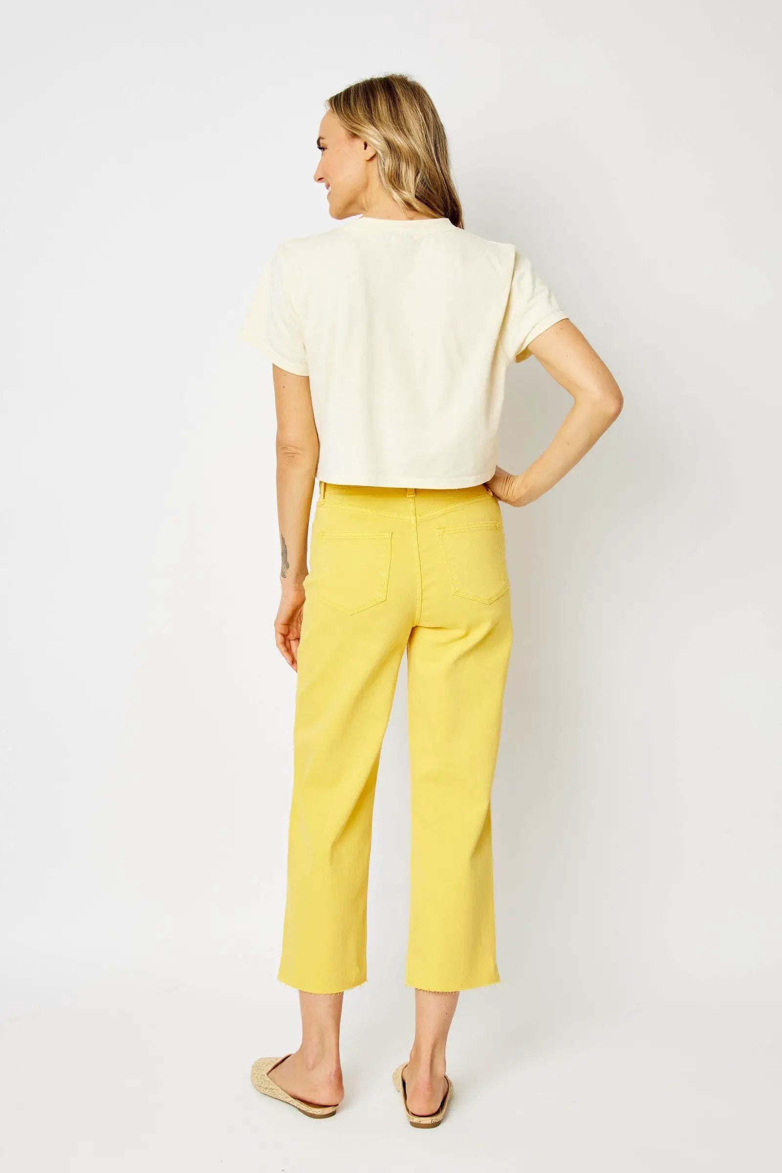 Judy Blue The Braided Waist Band Yellow Cropped Wide Leg Jeans - Jeans Judy Blue High Waisted Yellow Garment Dyed Braided Waist Band Cropped Wide Leg Denim Jeans