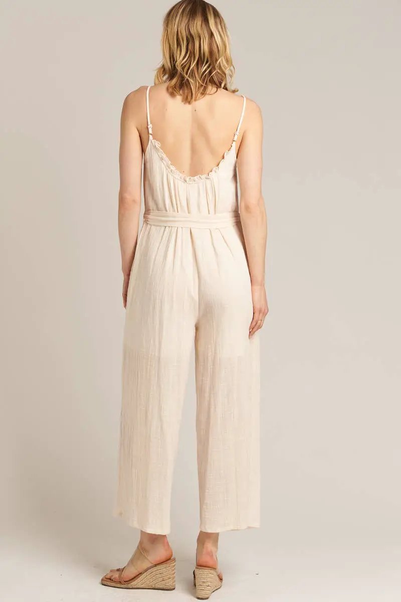 En Crème En Crème Cream Sleeveless Belted Jumpsuit - One-Pieces cream belted jumpsuit