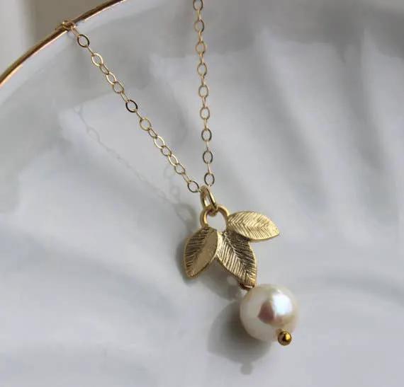 Laalee Jewelry White Freshwater Pearl Gold Leaf Necklace - Necklaces