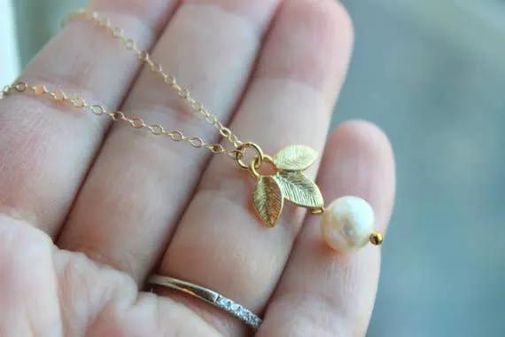 Laalee Jewelry White Freshwater Pearl Gold Leaf Necklace - Necklaces