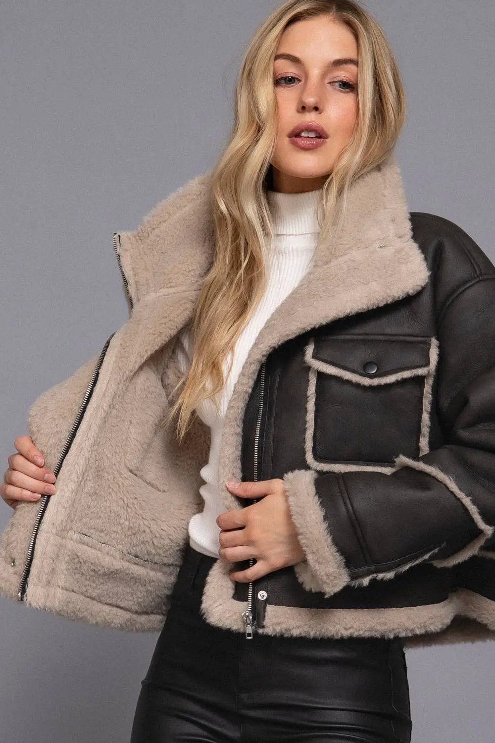 Active Basic | Active USA Active Basic | Active USA - Black Long Sleeve Pocket Detail Faux Leather Inner Fur Jacket - Bomber Jackets