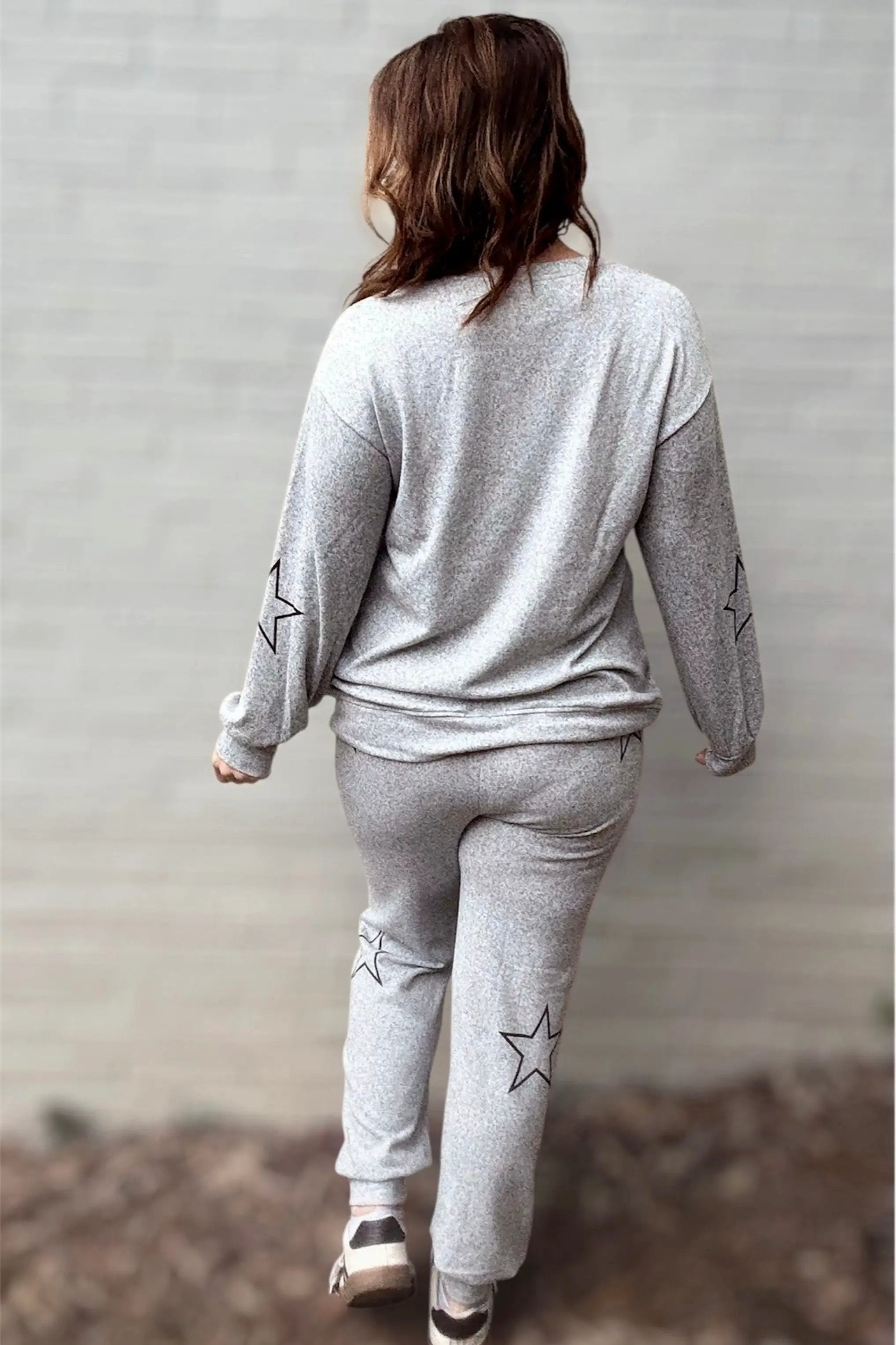 Grateful Threads Boutique Gray Stars Print Long Sleeve Drawstring High Waist Lounge Set - Loungewear