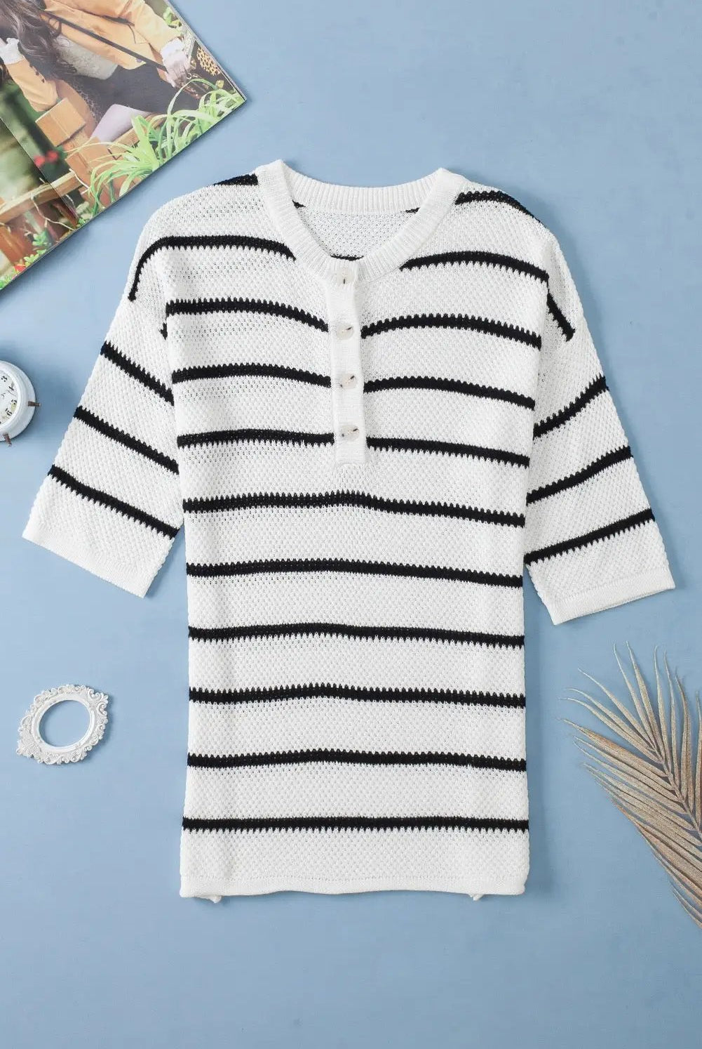 Grateful Threads Boutique White Stripe Henley Buttoned Placket Drop Shoulder Bracelet Sleeve Knit Sweater Tee - Sweaters White Stripe Henley Buttoned Placket Drop Shoulder Bracelet Sleeve Knit Sweater Tee